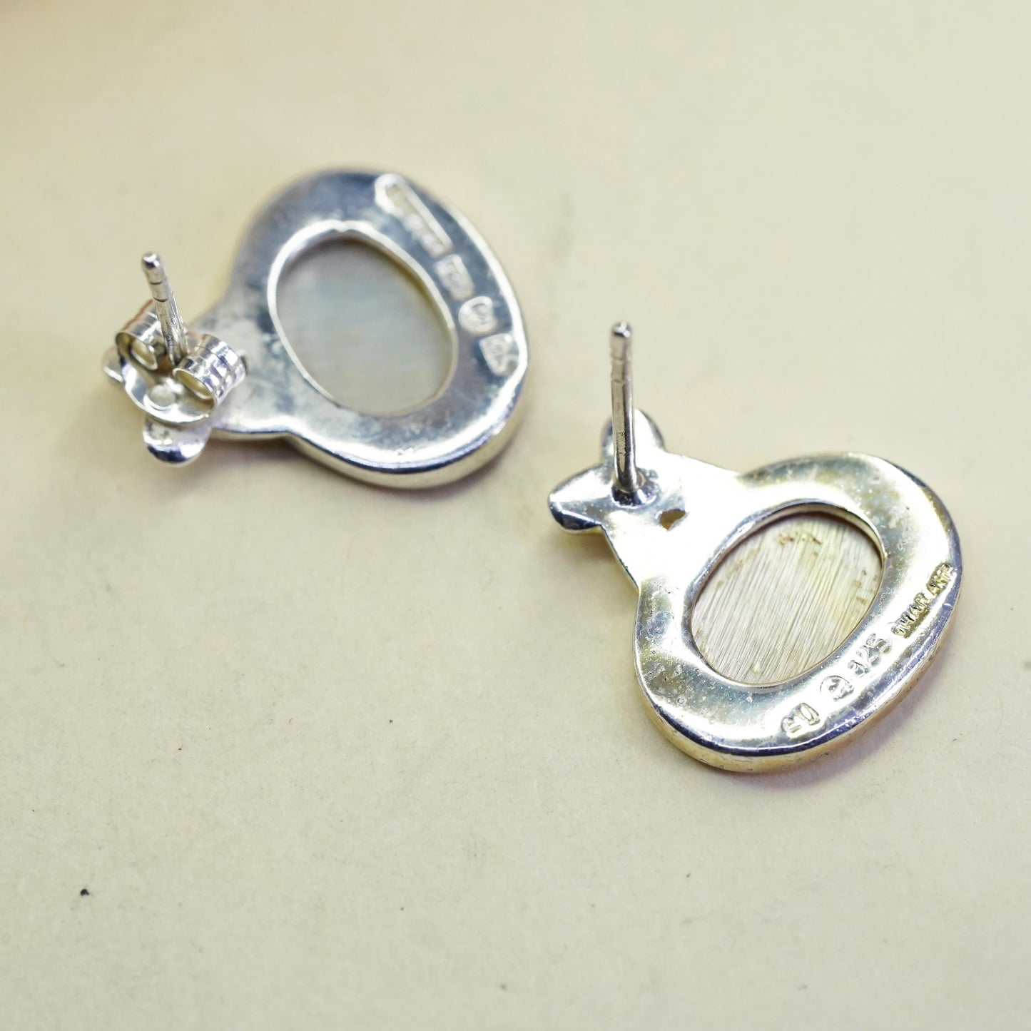 Vintage sterling silver earrings, 925 modern oval studs with mother of pearl