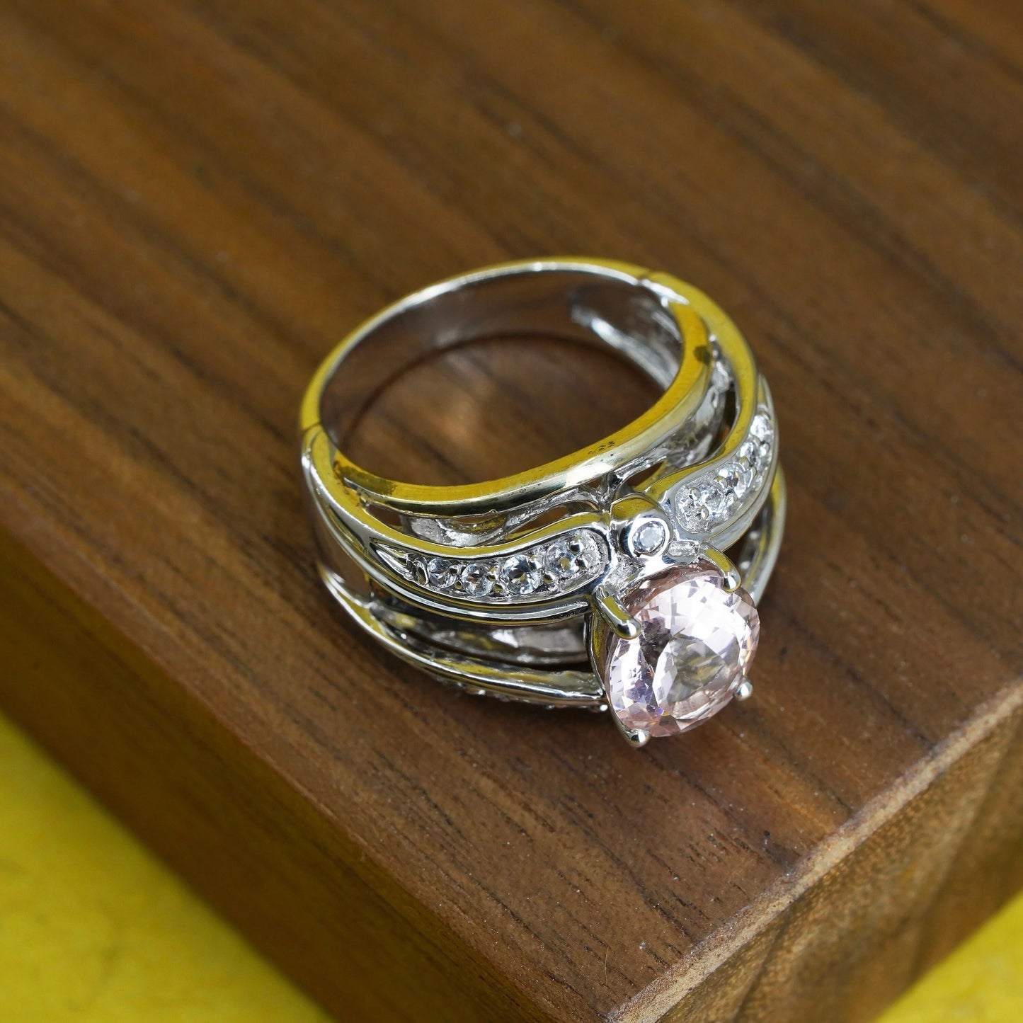 Size 7, Sterling 925 silver double layered ring with pink crystal cluster cz