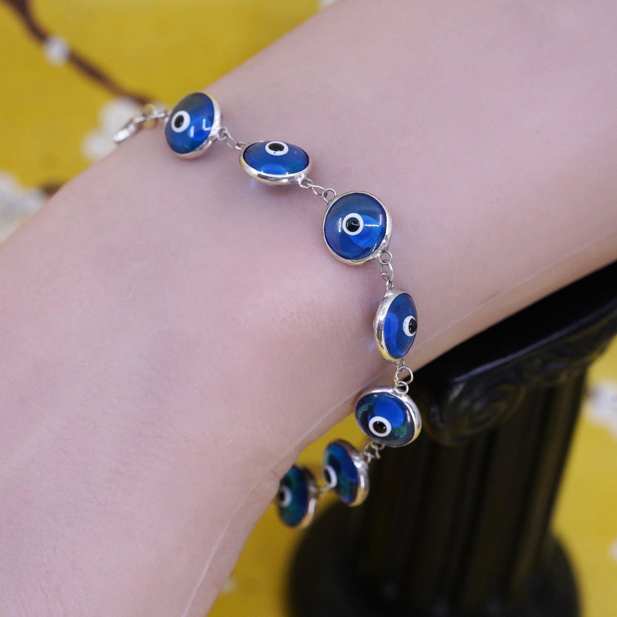 6.75", vintage sterling 925 silver handmade bracelet blue evil eye bracelet