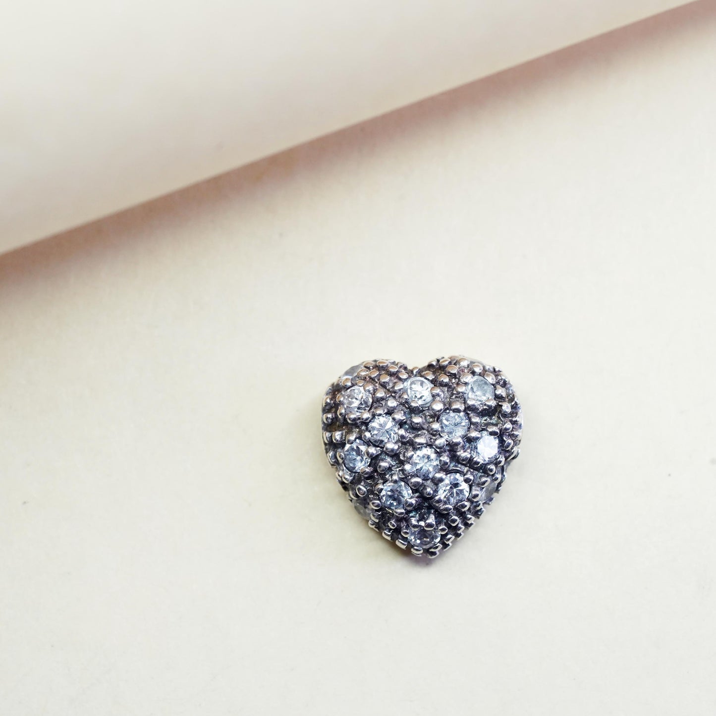 Vintage sterling silver pendant, heart charm with clear Cz