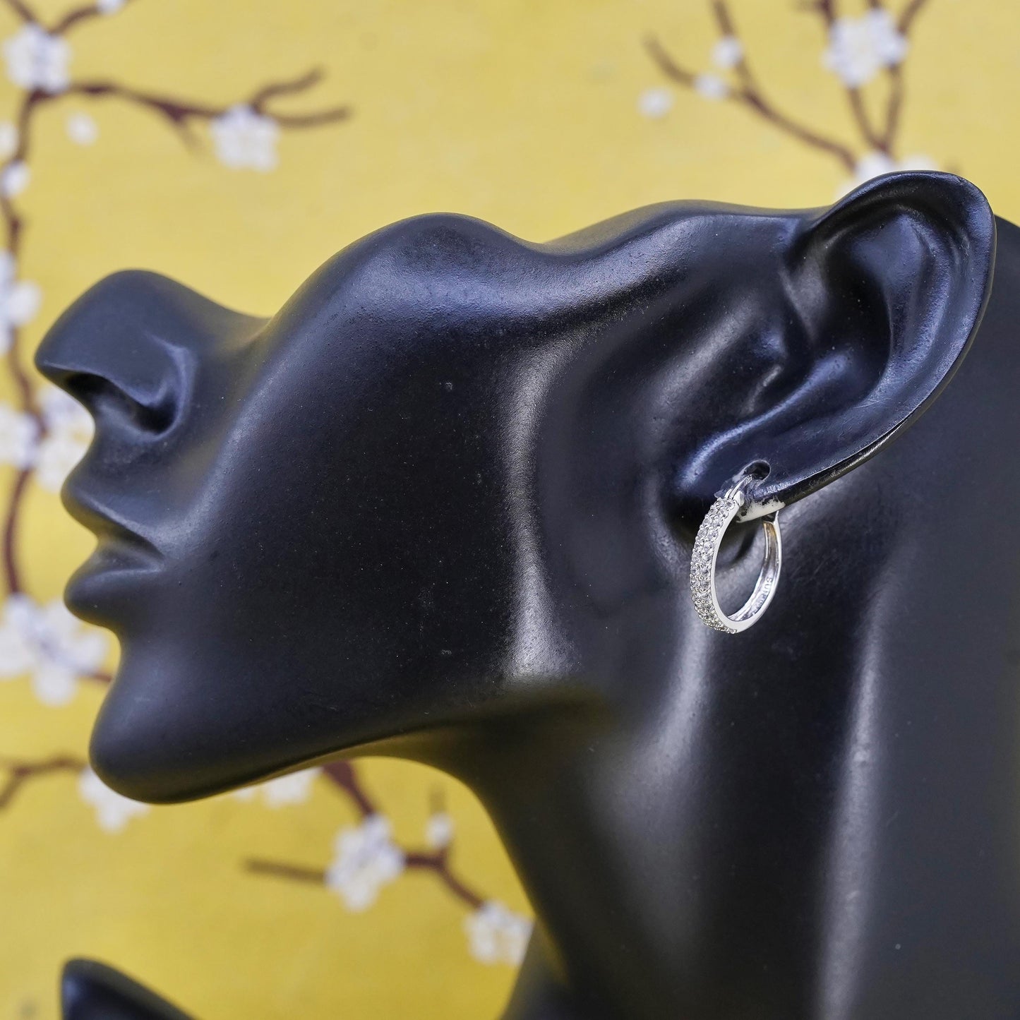 0.75", vintage Sterling silver hoop earrings, 925 huggie with cluster diamonds