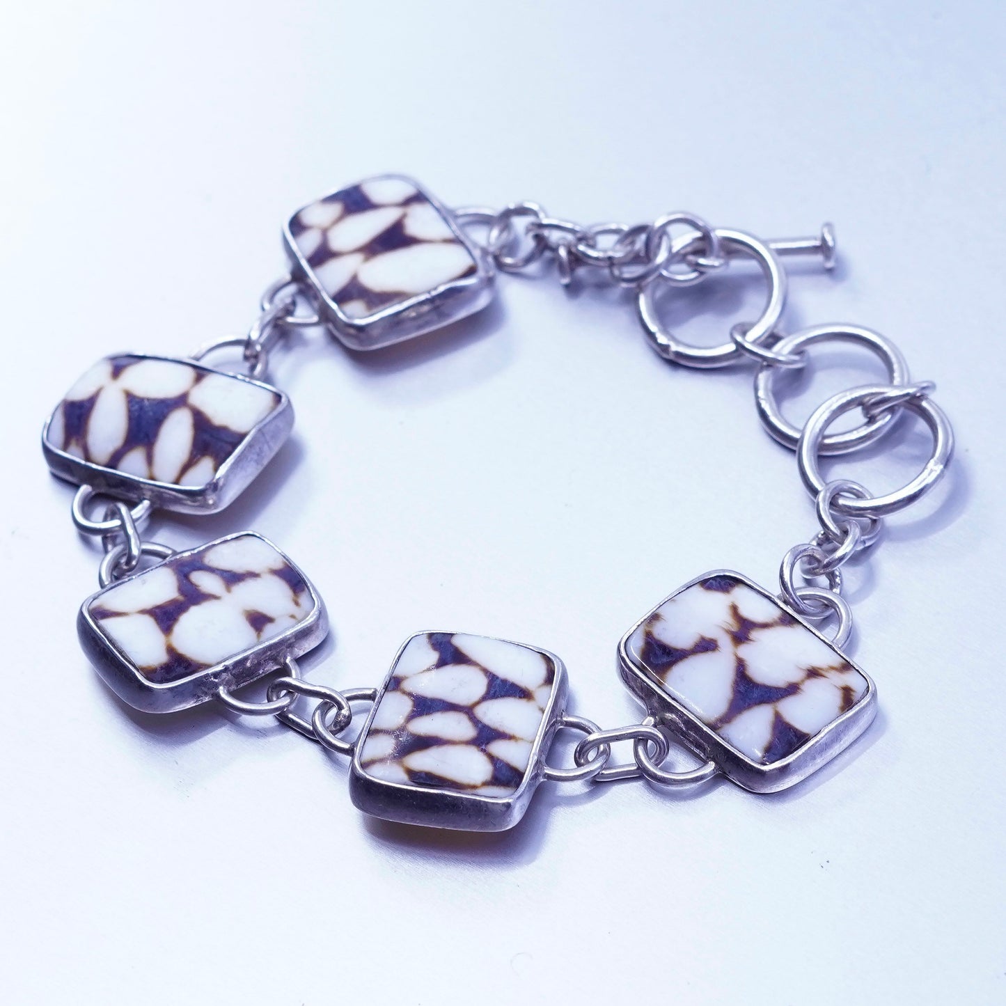 7+1.5”, Vintage sterling 925 silver handmade Dalmatian Jasper bracelet