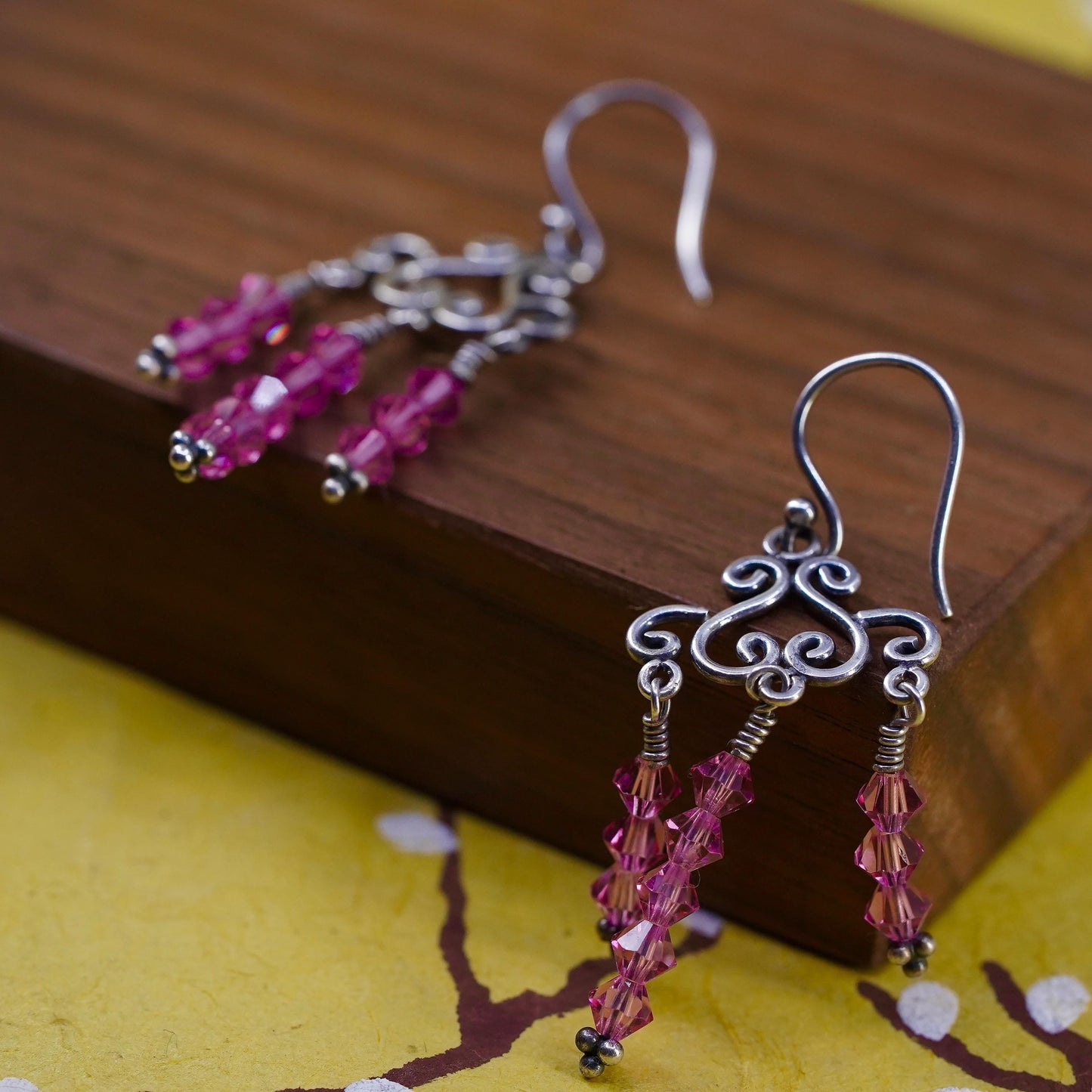 Vintage Sterling silver 925 handmade swirly earrings with pink crystal