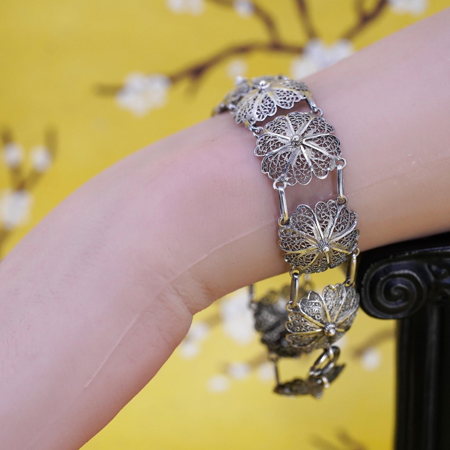 7.5", vintage Sterling silver handmade bracelet, 925 filigree flower chain