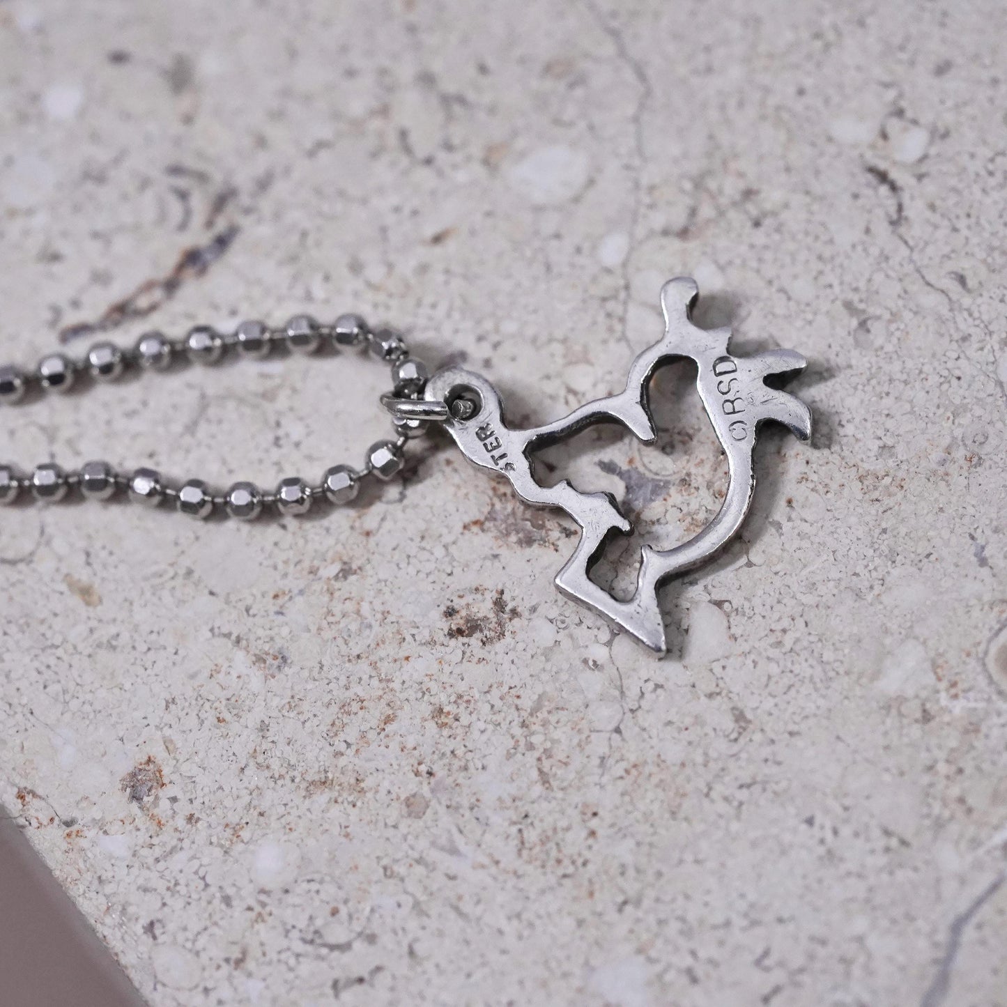 16", vintage Sterling silver necklace, 925 bead chain peace bird dove pendant
