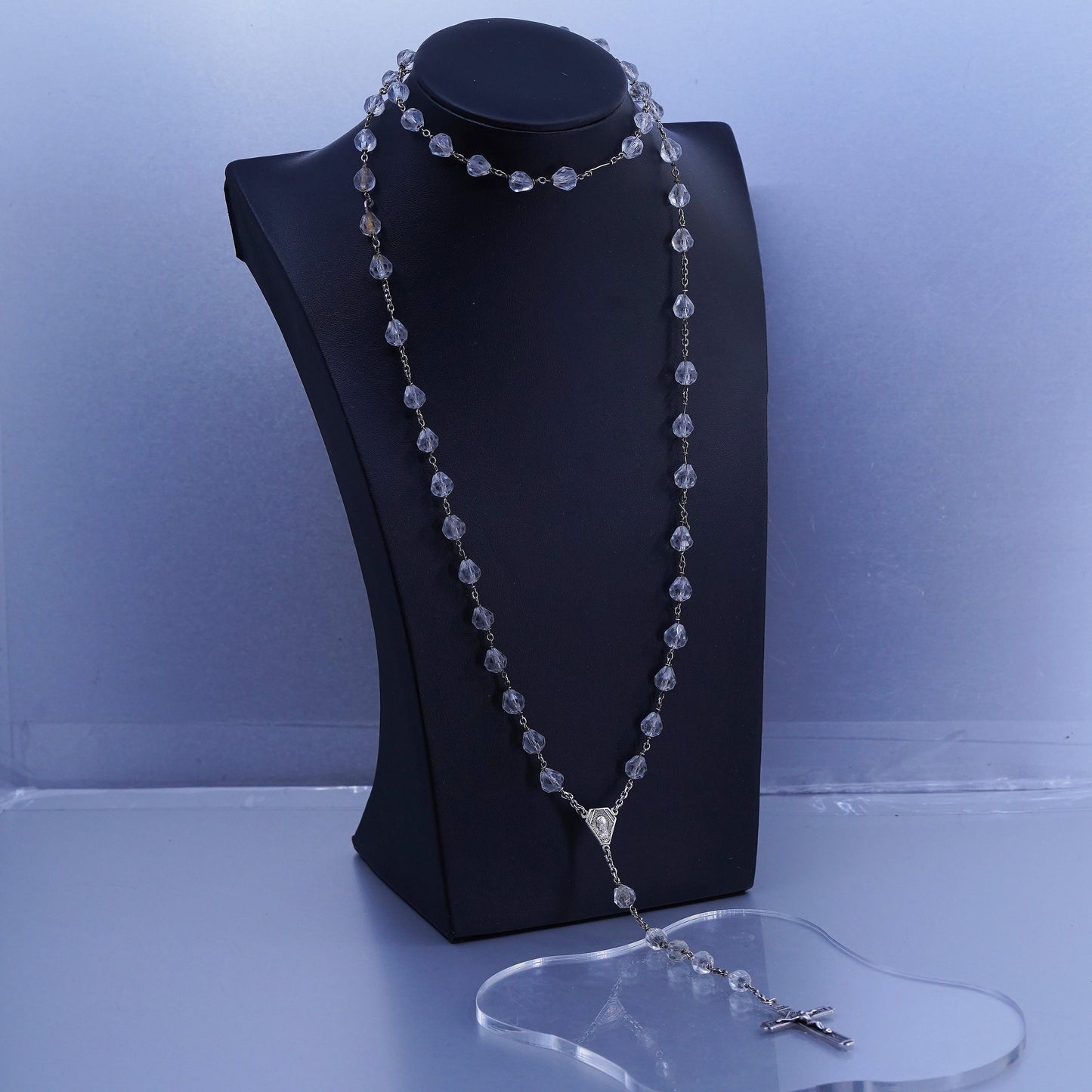 24”, Germany sterling 800 silver rosary necklace bead Jesus cross pendant