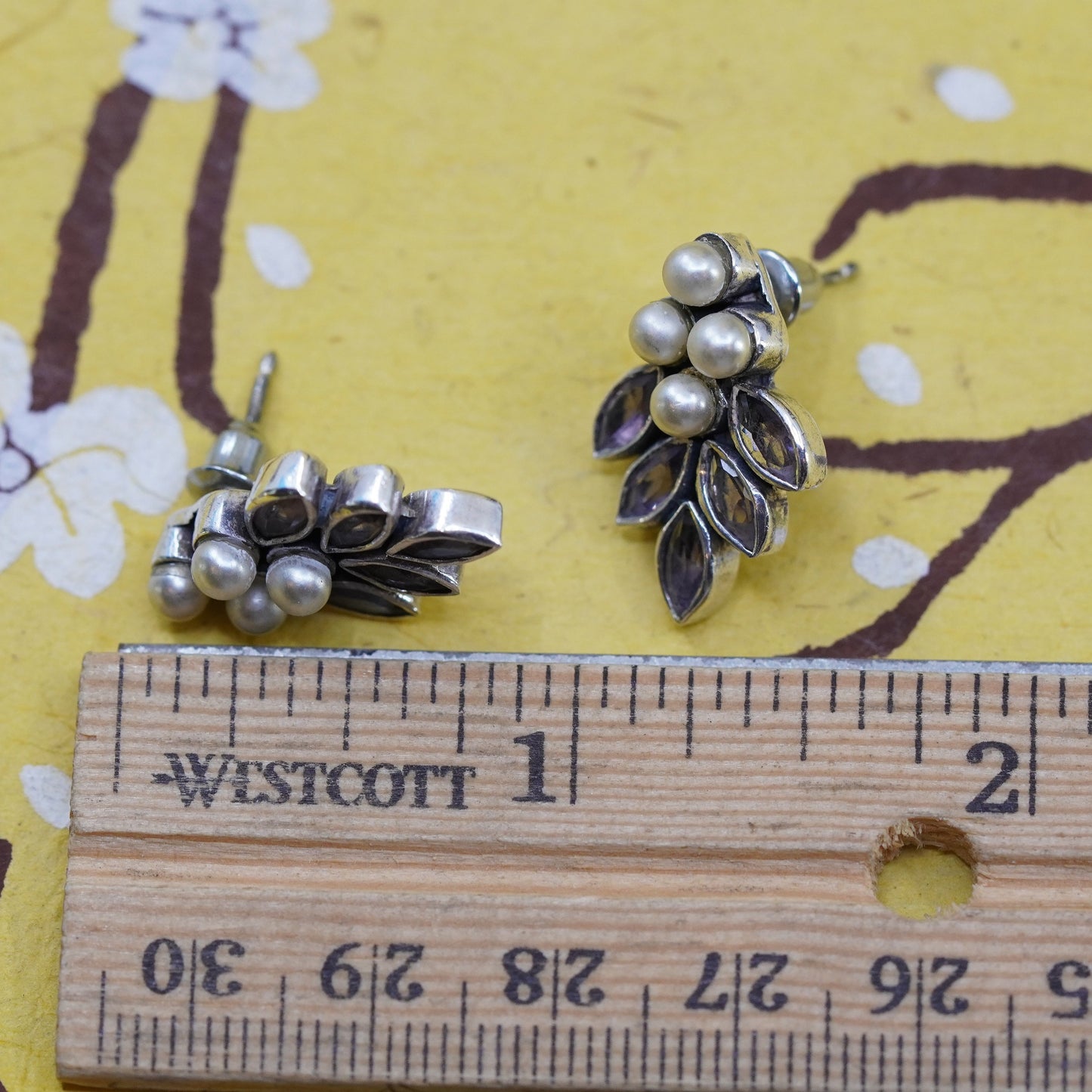 Vintage Sterling 925 silver amethyst studs, earrings with pearls