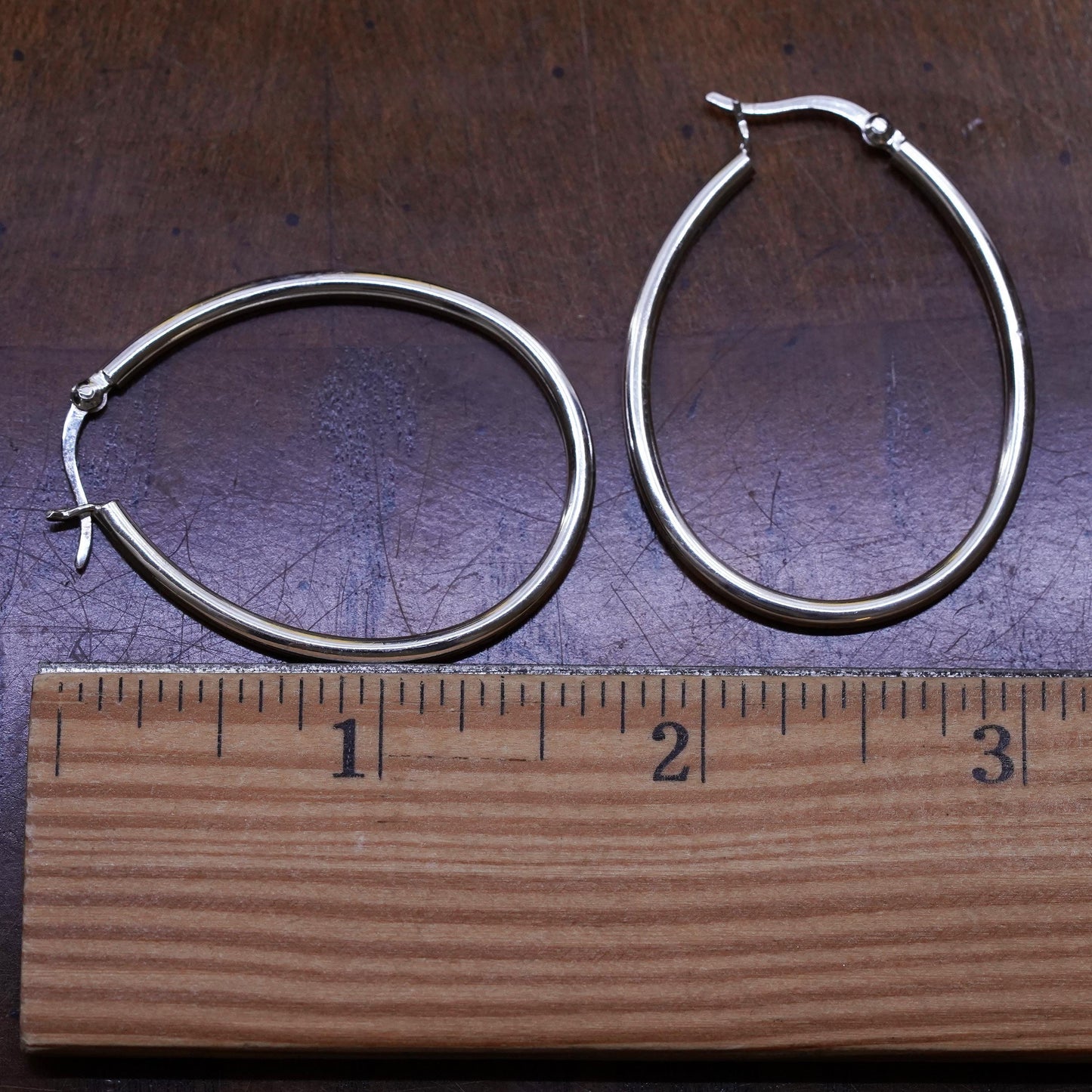 1.75", vintage Sterling silver handmade earrings, 925 silver oval hoops