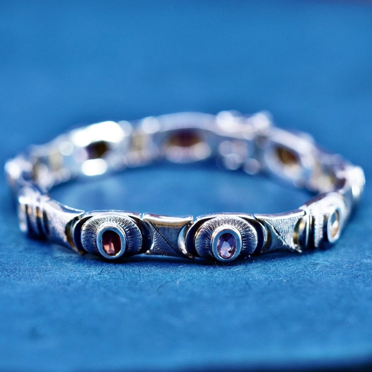 7”, Sterling 925 silver tennis bracelet amethyst, peridot, ruby, citrine topaz