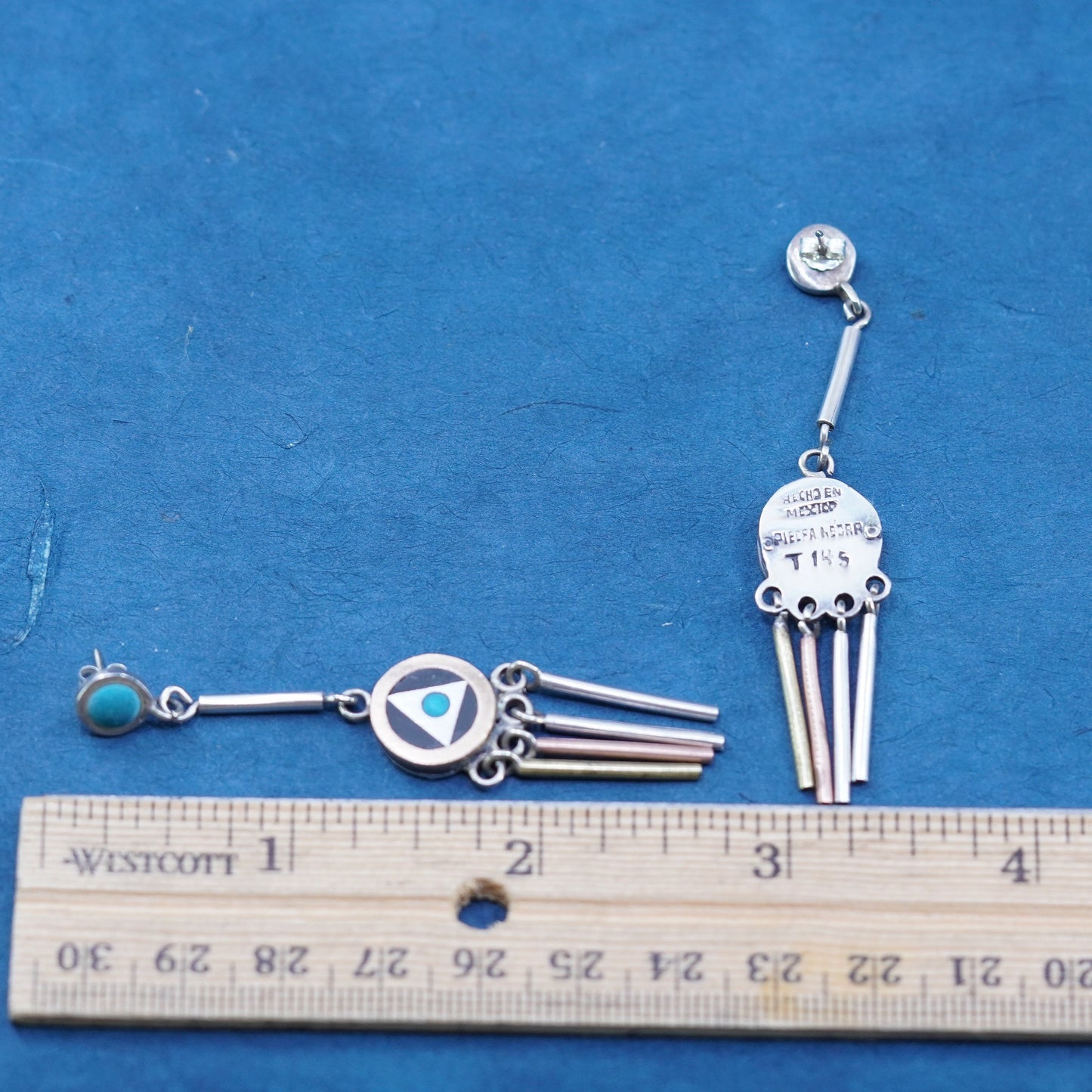 taxco Mexican Sterling silver 925 Piedra Negra dangle inlay earrings fringe