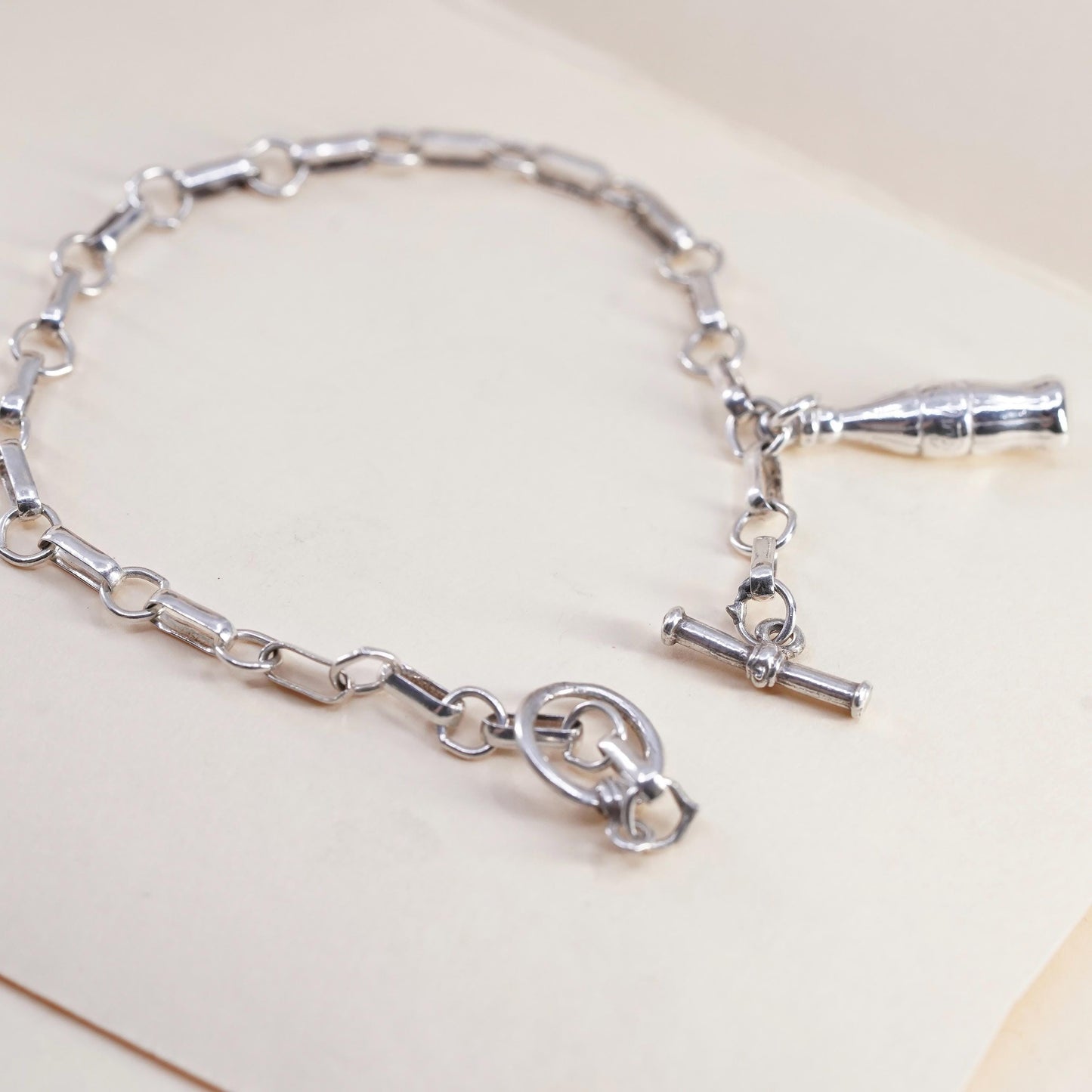 7.75” 3mm, vintage sterling silver bracelet, 925 elongated chain bottle charm