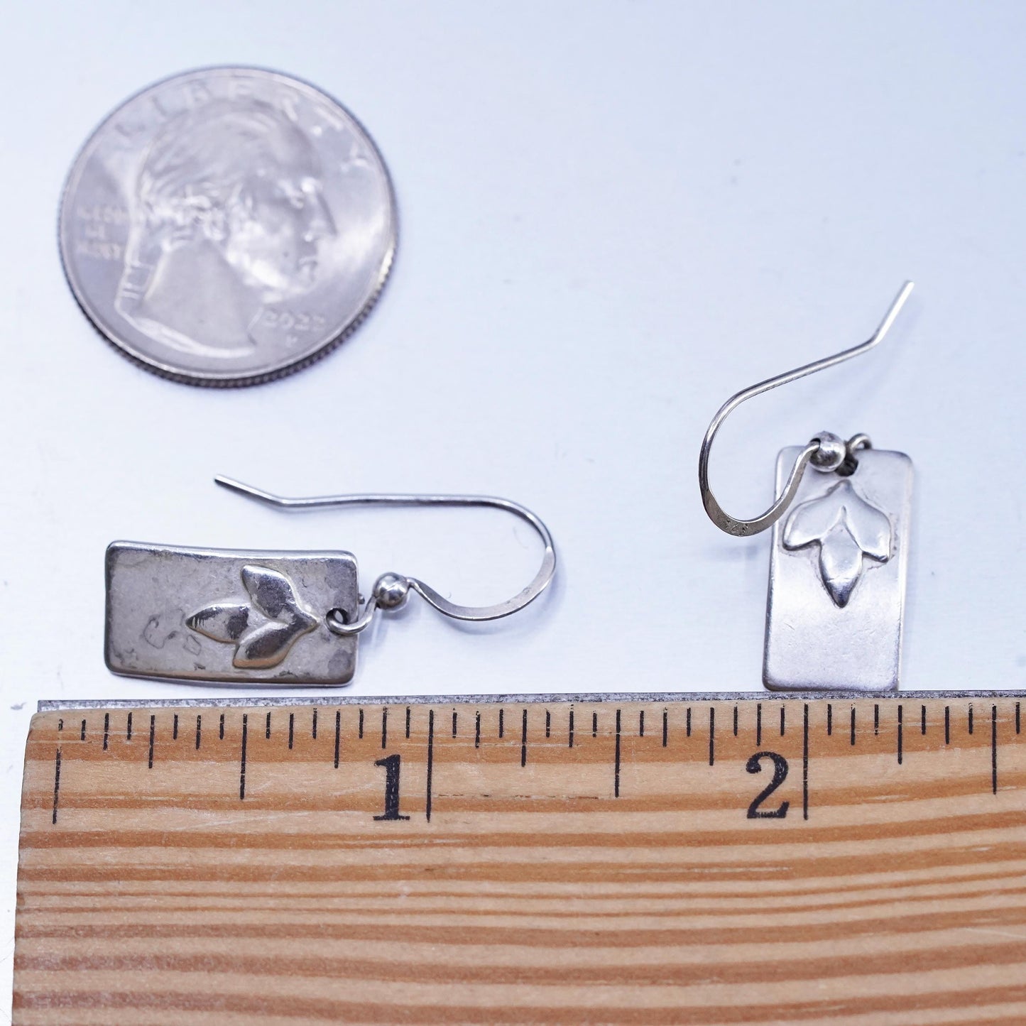 Vintage Sterling 925 silver handmade leaf tag earrings