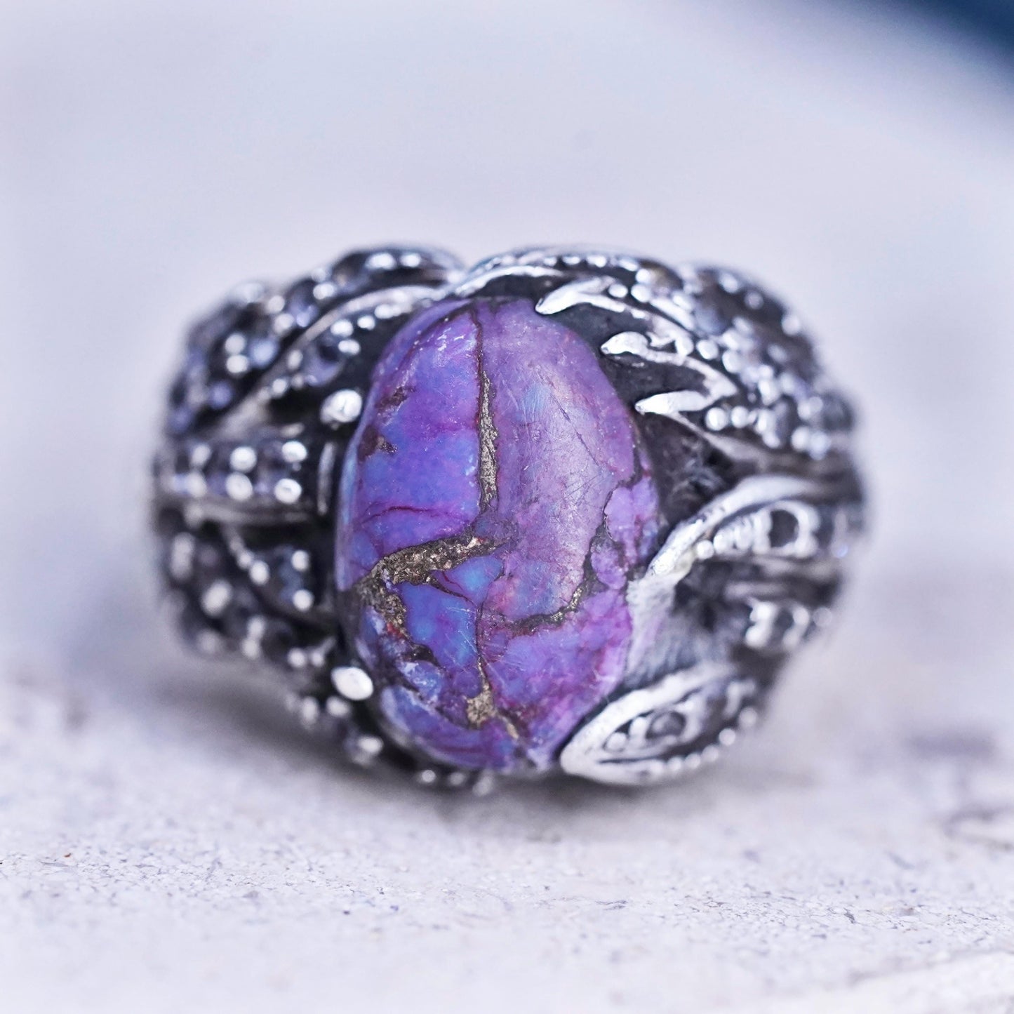 Size 7, vintage Sterling 925 silver handmade ring with purple turquoise