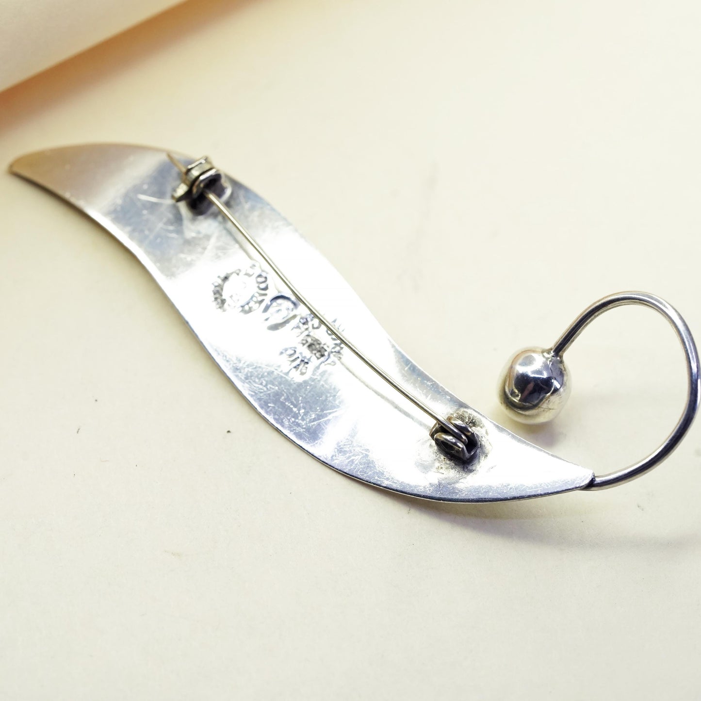 Vintage Mexican Taxco sterling silver handmade long leaf shaped brooch