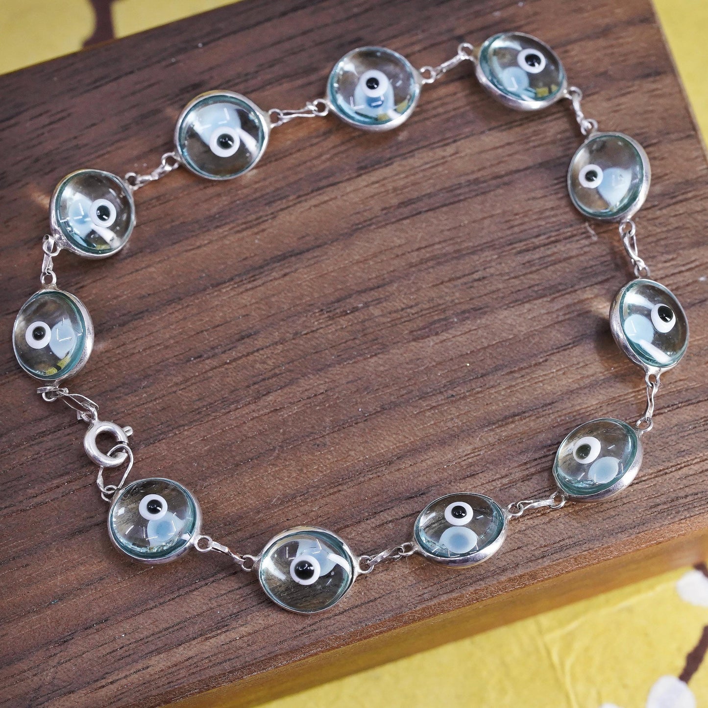 7.25", VTG sterling 925 silver handmade bracelet light blue evil eye bracelet