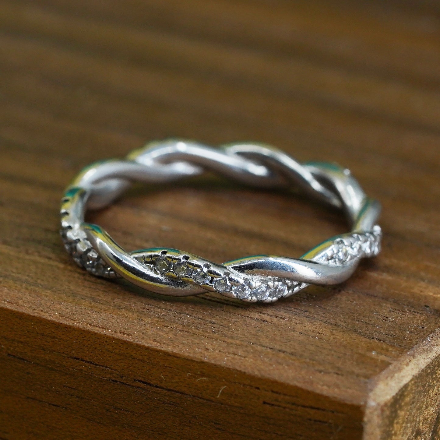 size 8, vintage Sterling silver handmade ring, 925 entwined band w/ cz