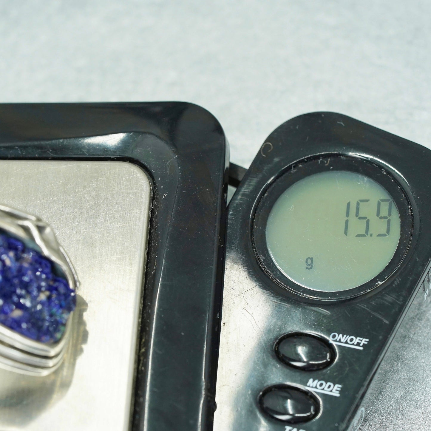 Size 7, Unikat Sterling 925 silver ring with blue druzy glittering stone