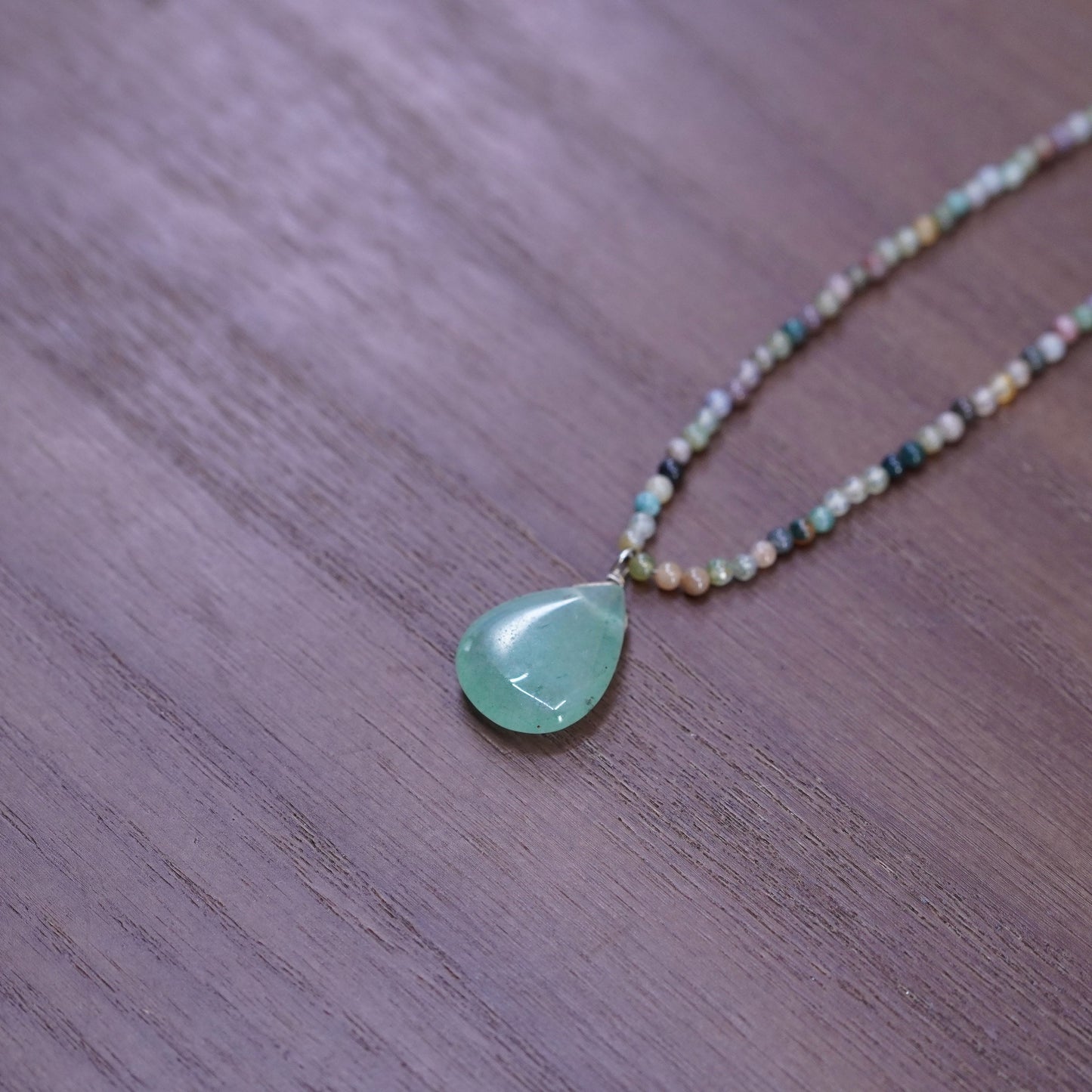 18+2”, Sterling silver 925 handmade necklace, beads chain teardrop jade pendant