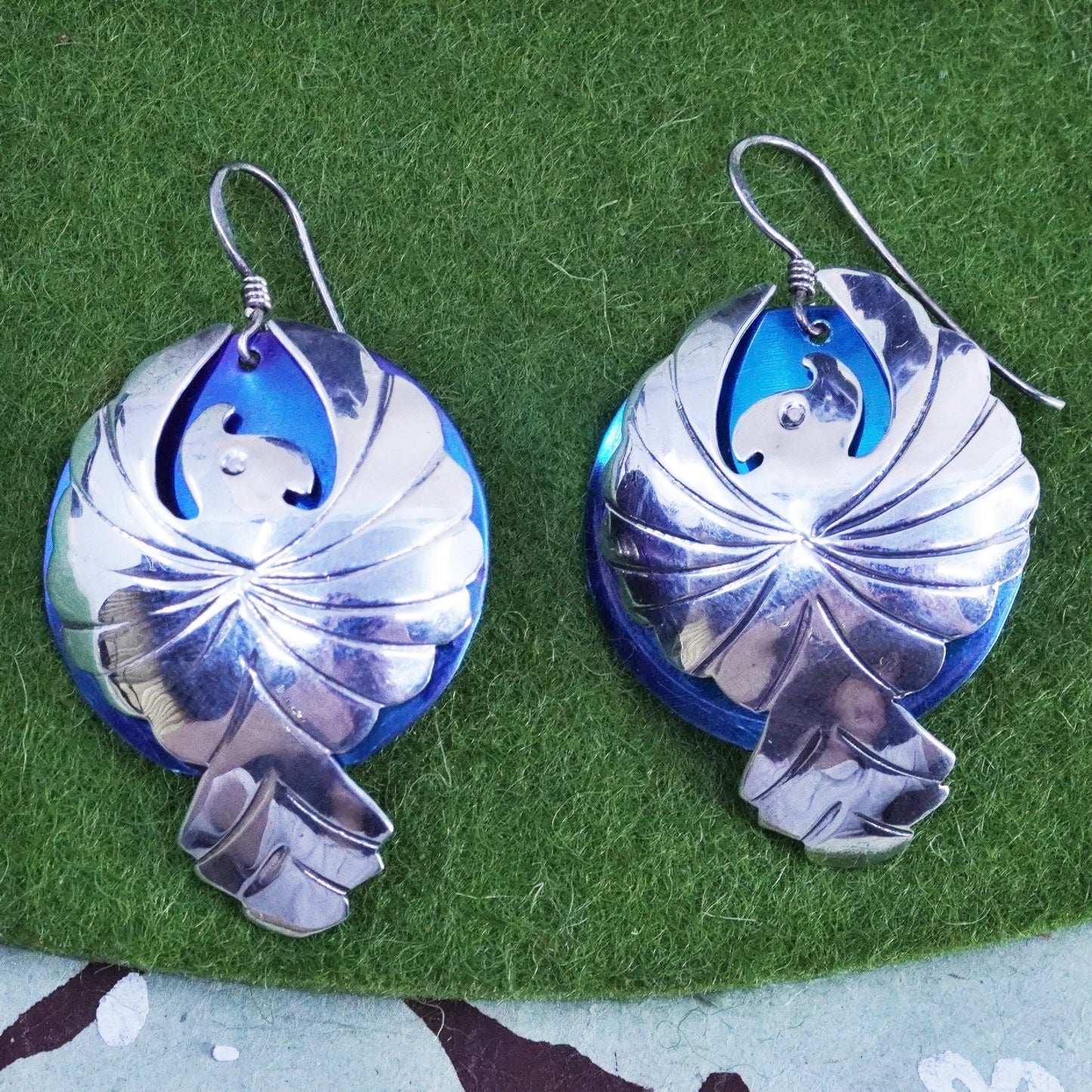 southwestern sterling silver handmade earrings, 925 thunderbird studs drops