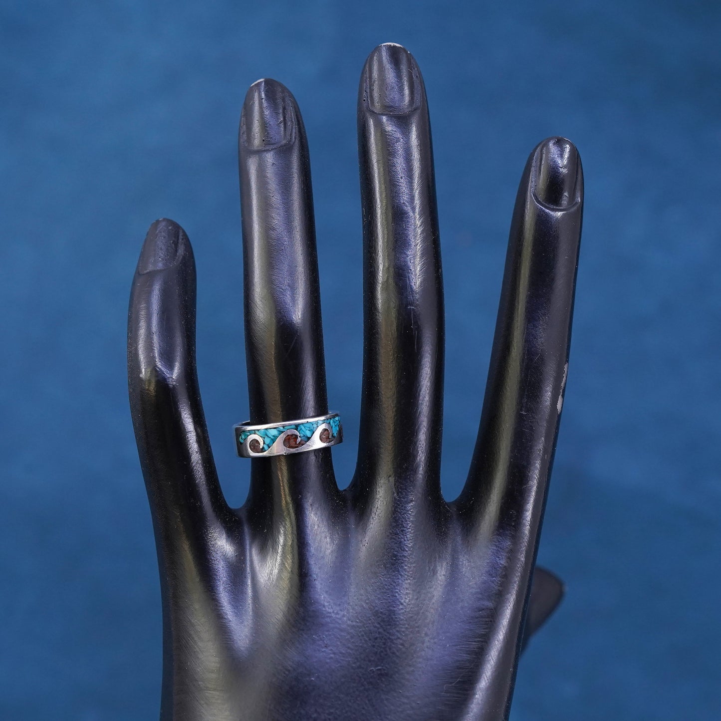 Size 6, zuni sterling silver ring, 925 wave band turquoise coral, southwestern