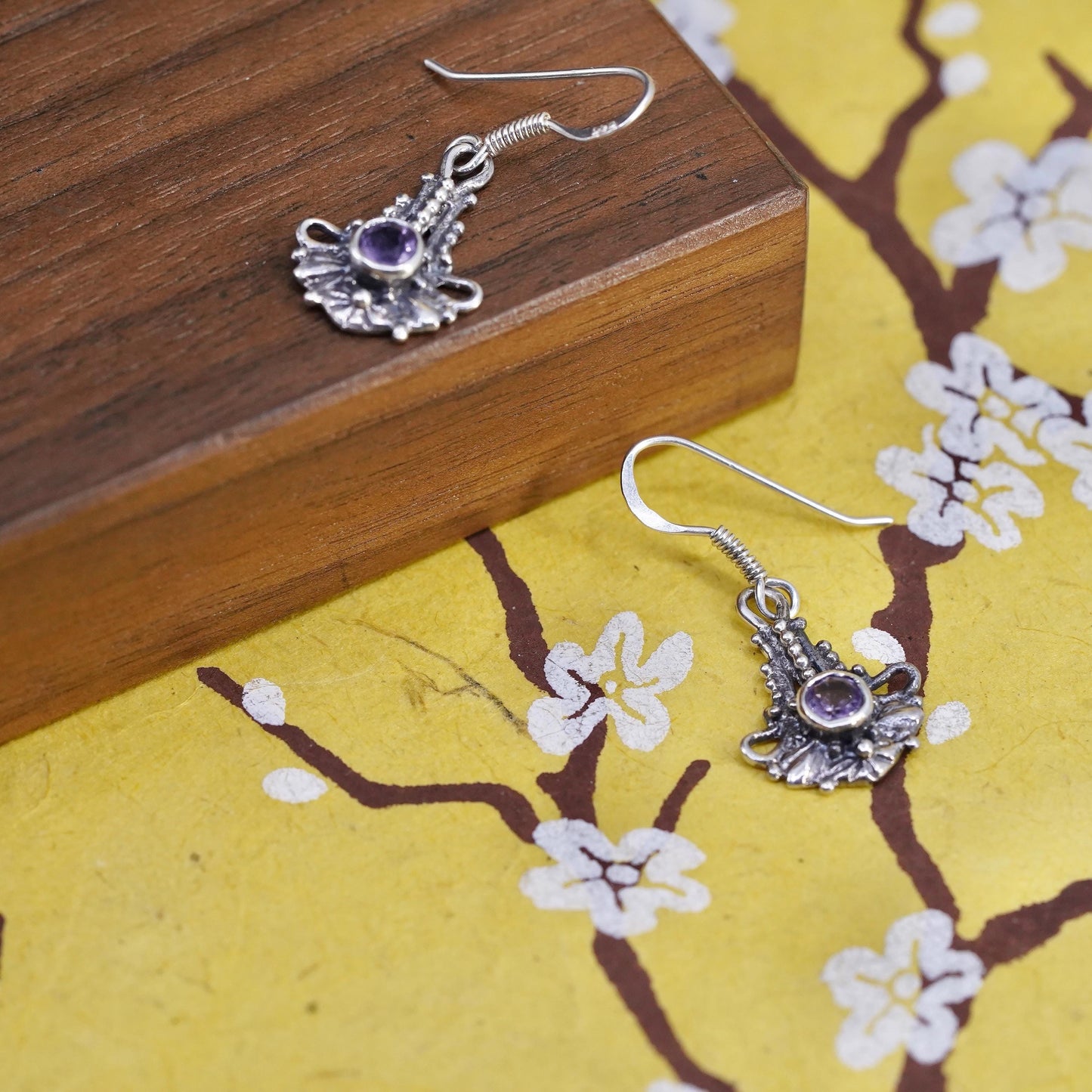 Vintage southwestern Sterling silver handmade earrings, 925 dangles amethyst
