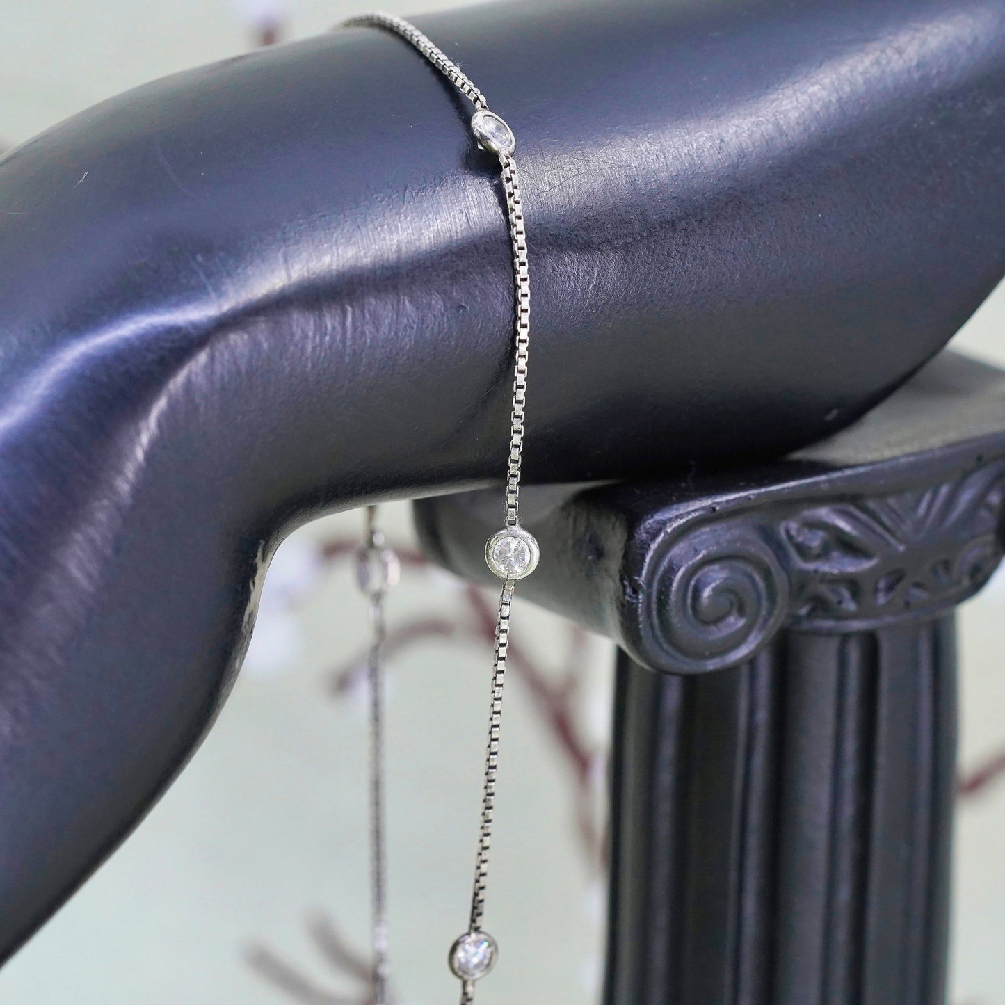 Vintage sterling silver bracelet, 925 box chain anklet with heart and cz