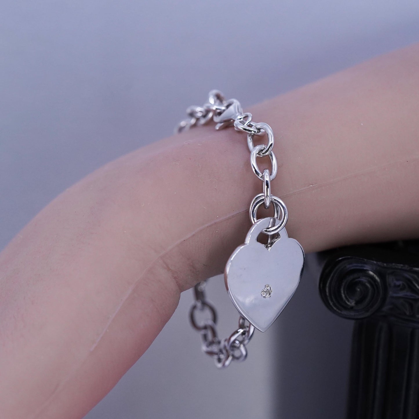 6.75", Vintage Sterling Silver Bracelet, 925 circle chain heart diamond charm