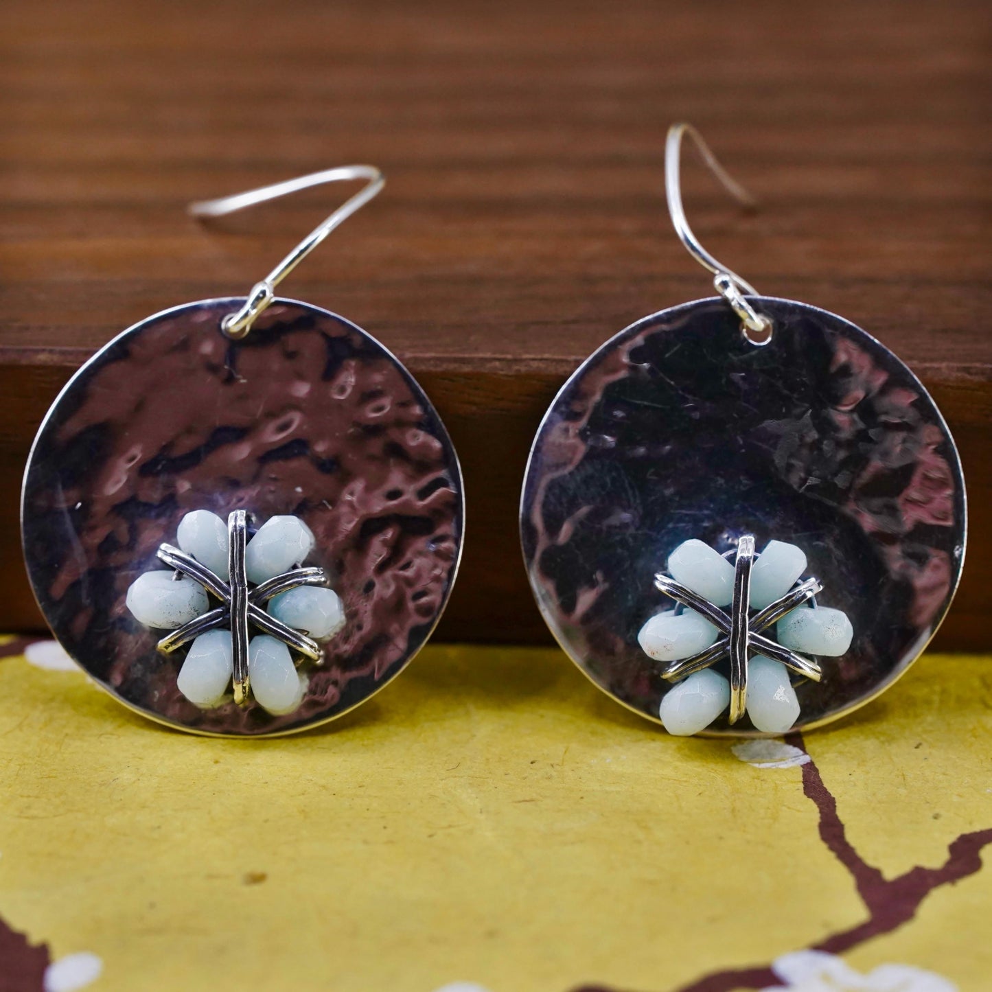 Vintage southwestern Sterling 925 silver hammered disc earrings larimar flower