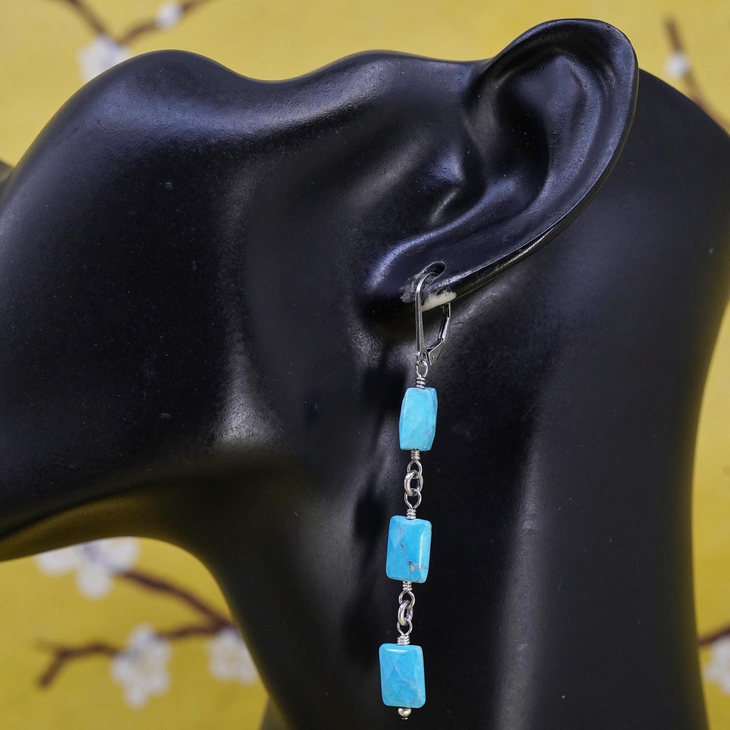 Vintage Sterling 925 silver handmade long earrings with turquoise beads