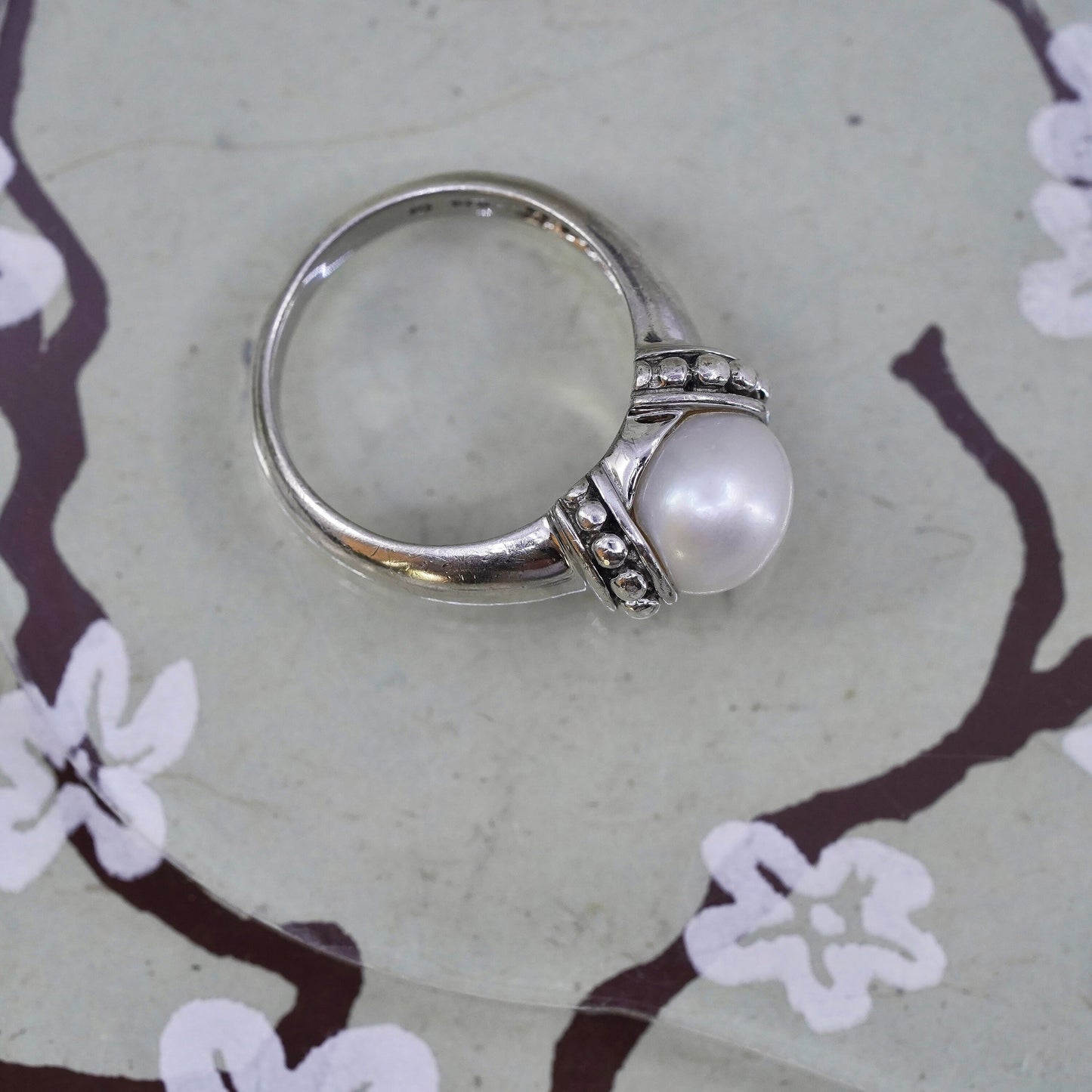 Size 7, Vintage sterling 925 silver handmade ring with pearl and beads