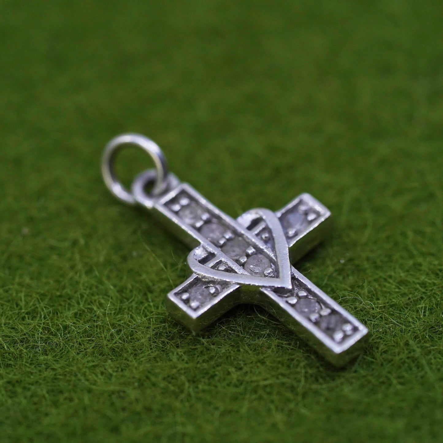 Vintage sterling silver pendant, 925 genuine diamond cross heart pendant