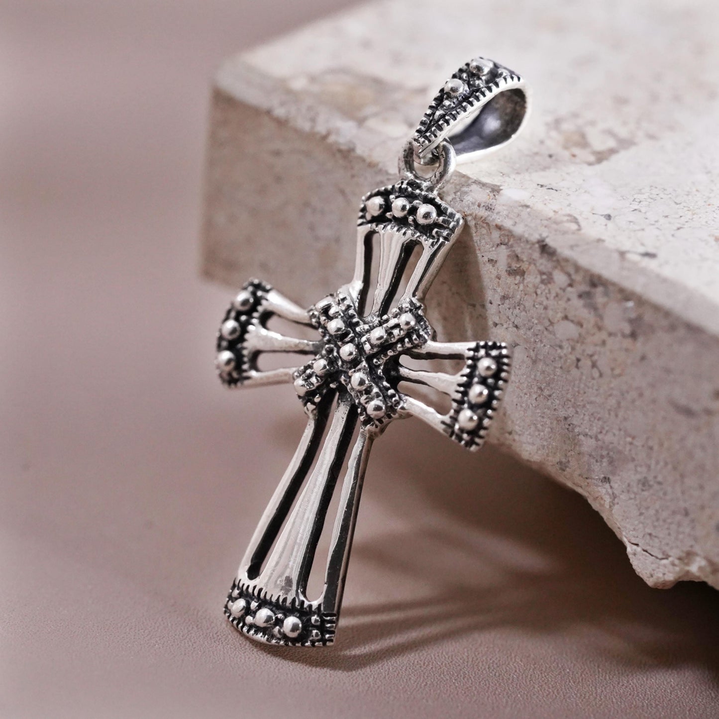 Vintage Sterling silver handmade pendant, 925 beads cross