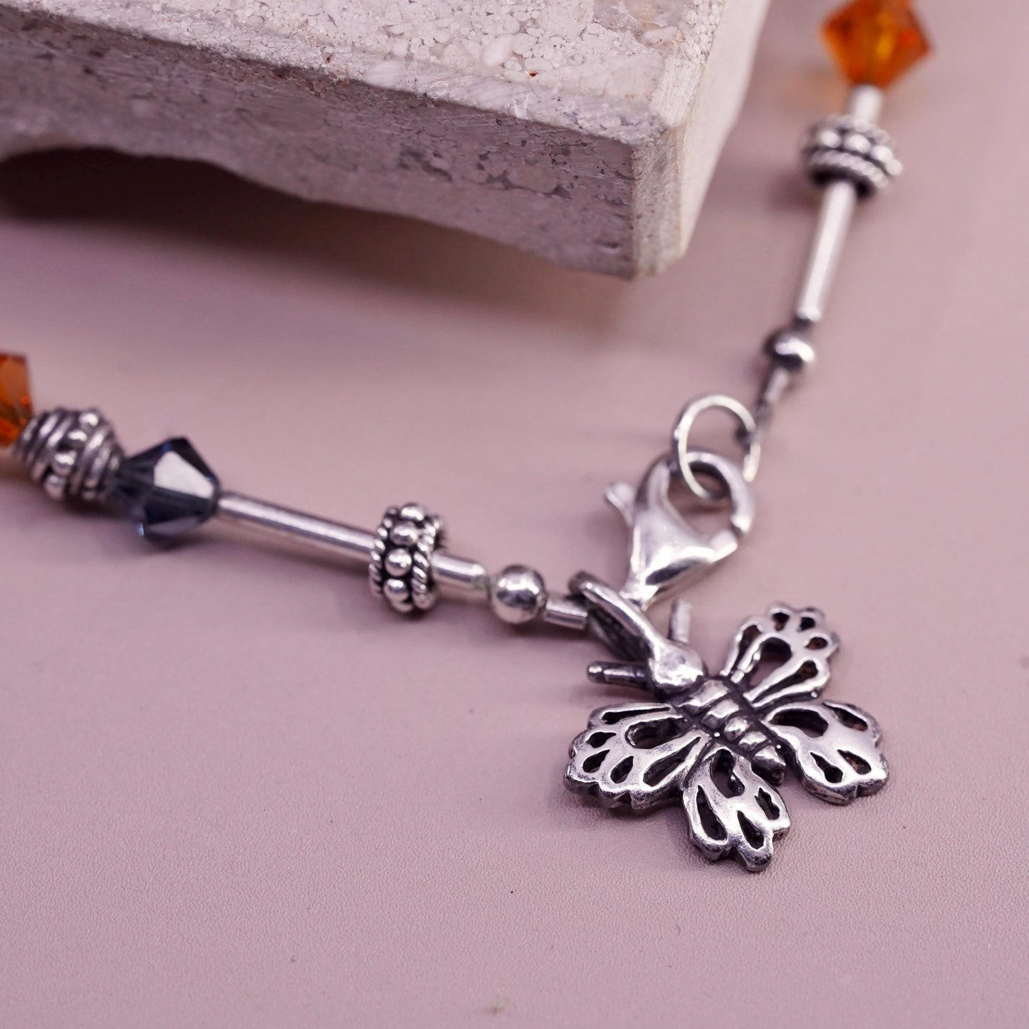 8.5”, Vintage sterling 925 silver bracelet with crystal beads butterfly charm