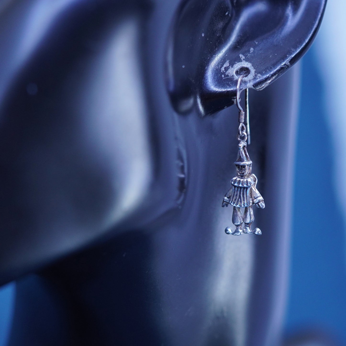 Vintage sterling silver handmade earrings 925 dancing clowns drop movable joint