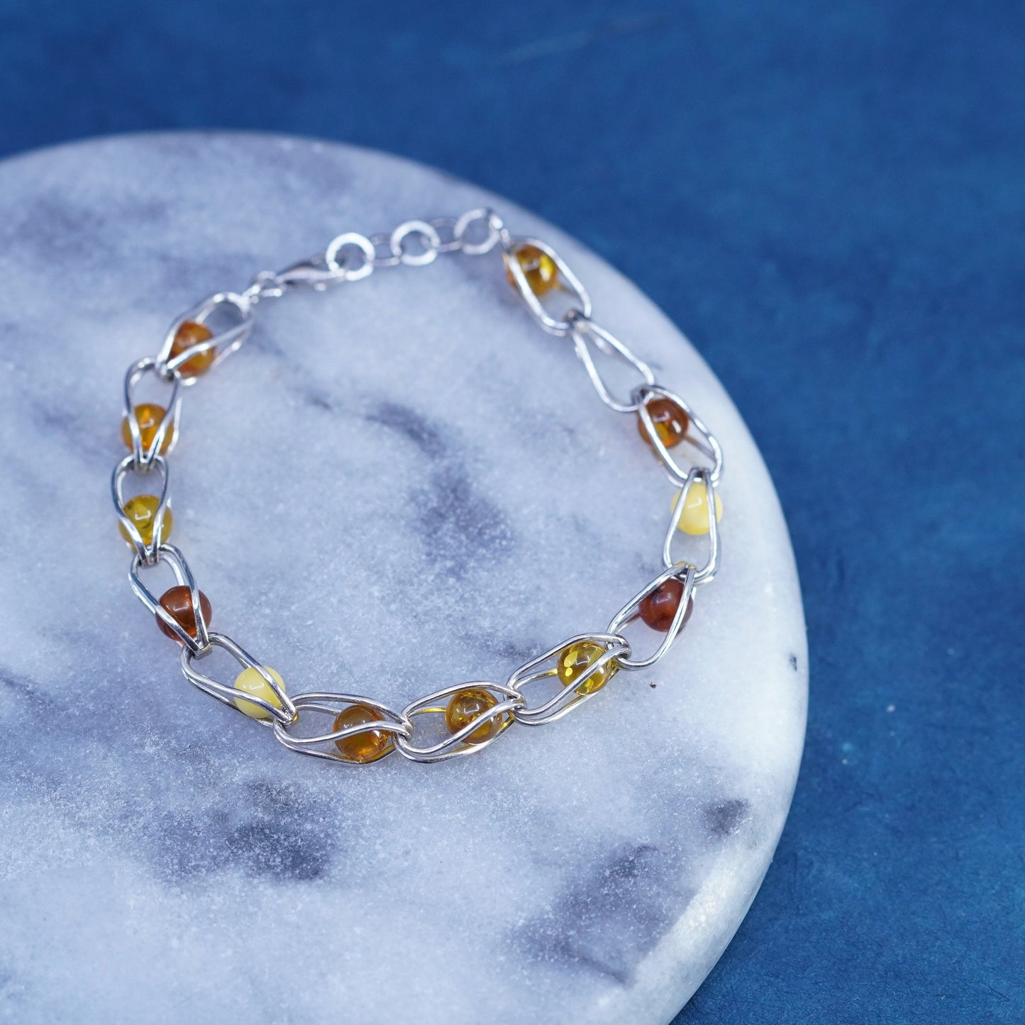 7.5”, vintage sterling silver 925 handmade bracelet with amber beads