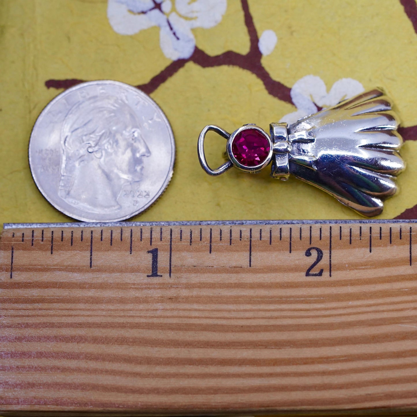 Vintage Sterling silver handmade pendant, 925 angel charm with ruby