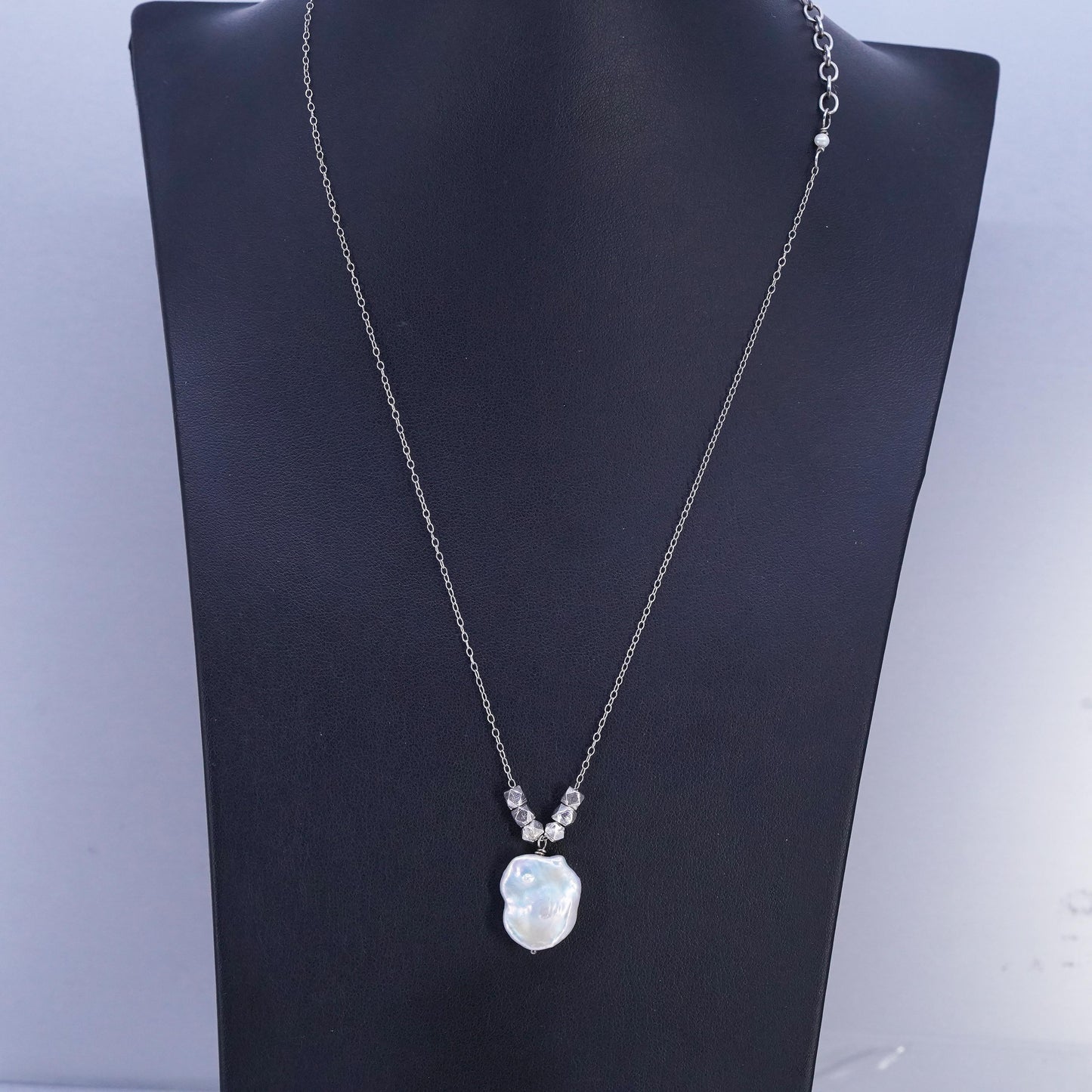 16+3", vintage Sterling 925 silver circle chain necklace Baroque pearl pendant