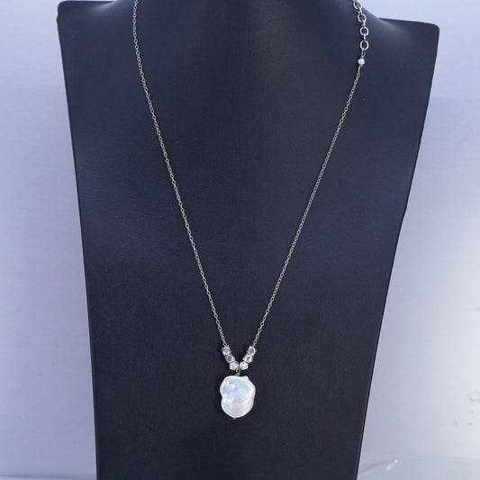 16+3", vintage Sterling 925 silver circle chain necklace Baroque pearl pendant