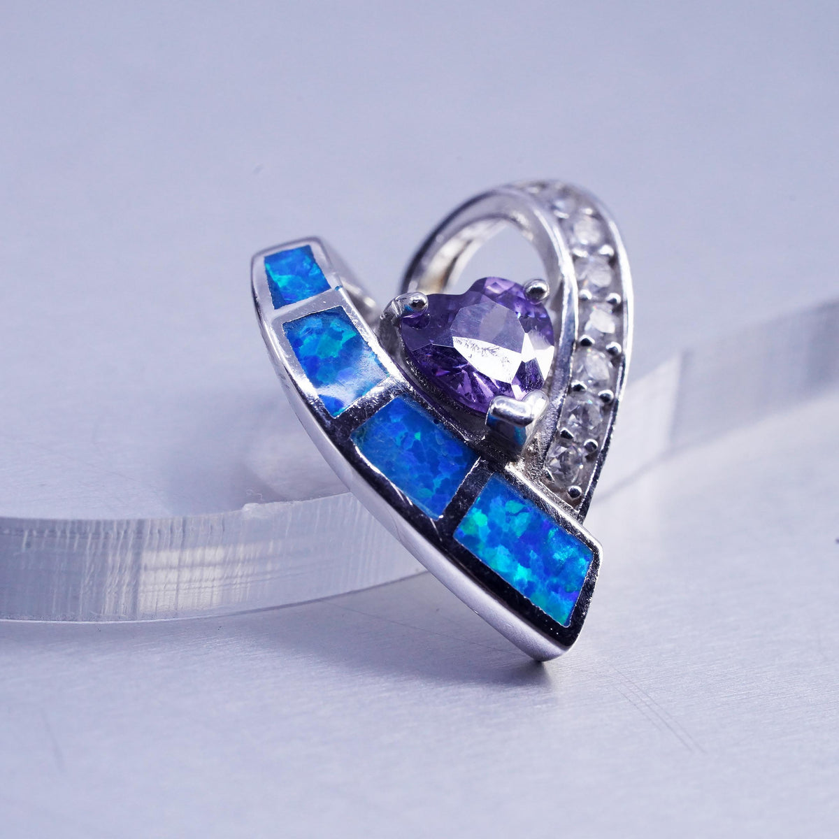 Vintage sterling 925 silver heart pendant with amethyst and opal inlay