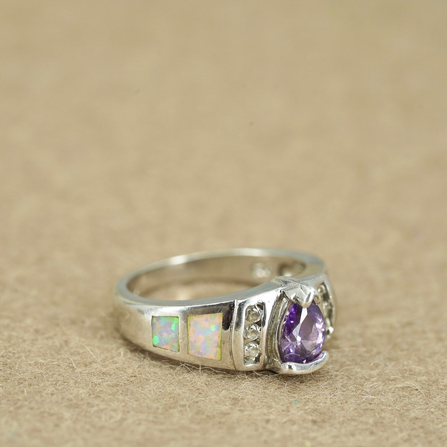 Size 6, vintage Sterling 925 silver handmade ring with amethyst and opal inlay