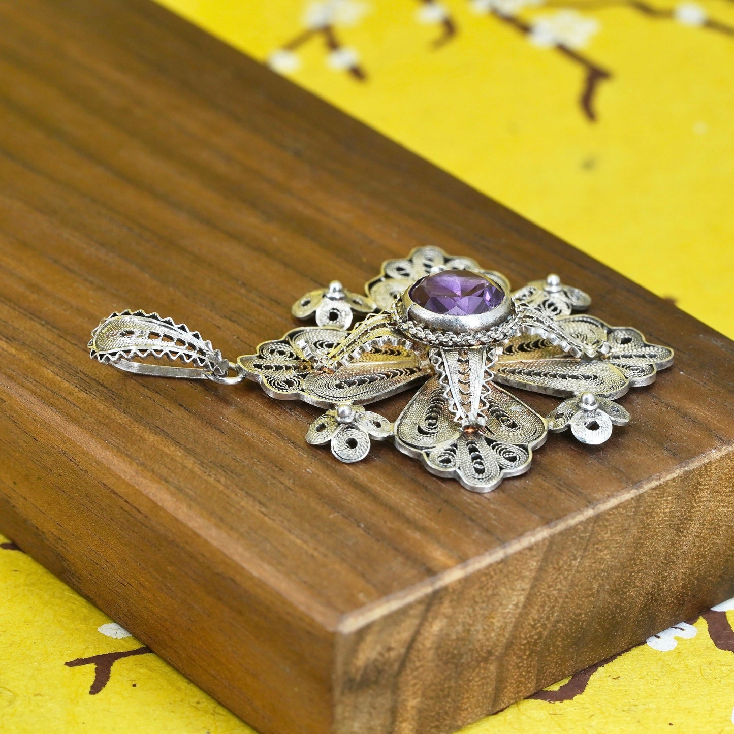 Sterling silver handmade pendant, 925 Jerusalem filigree cross with amethyst