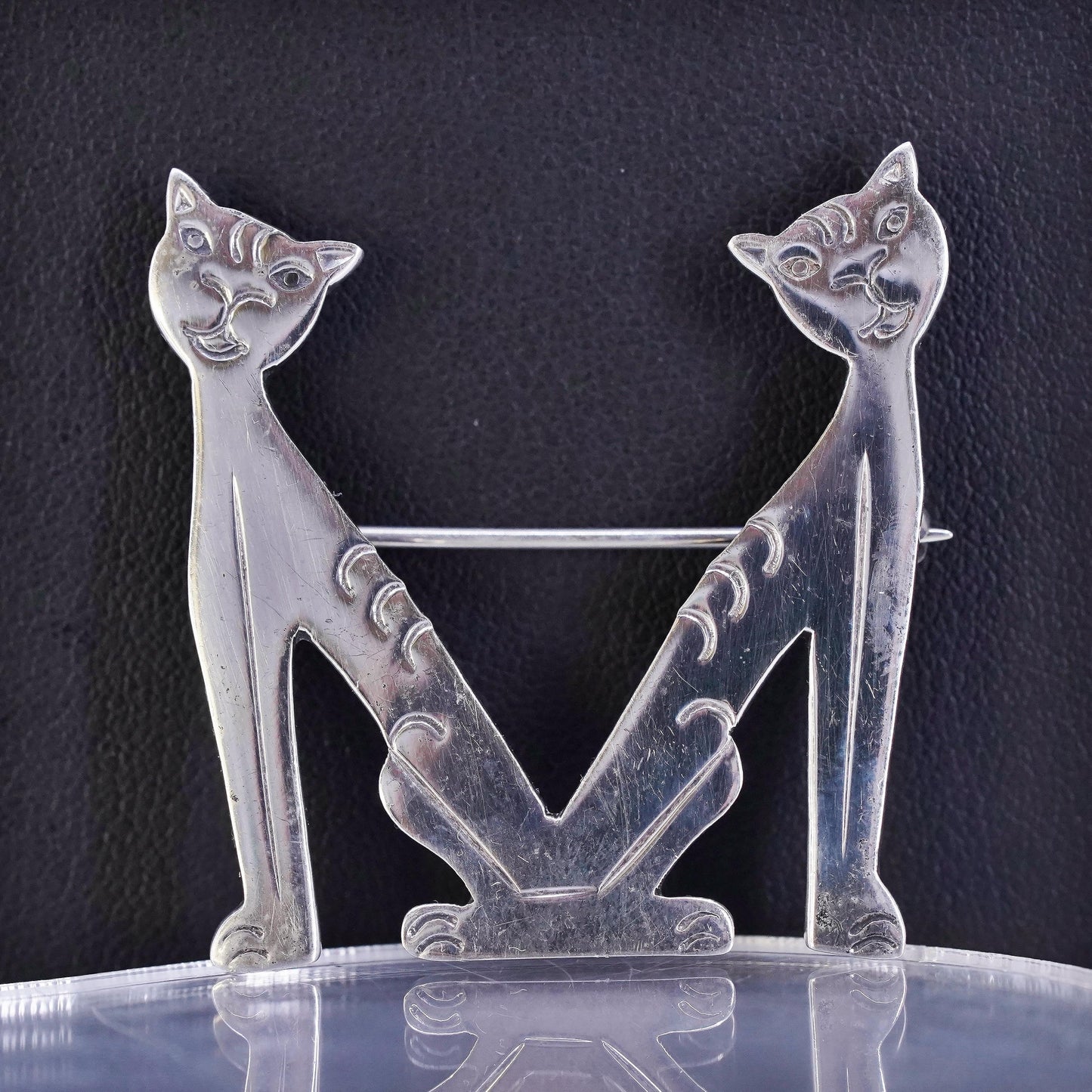 Vintage sterling silver handmade brooch, 925 letter M kitty cat pin