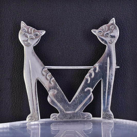 Vintage sterling silver handmade brooch, 925 letter M kitty cat pin