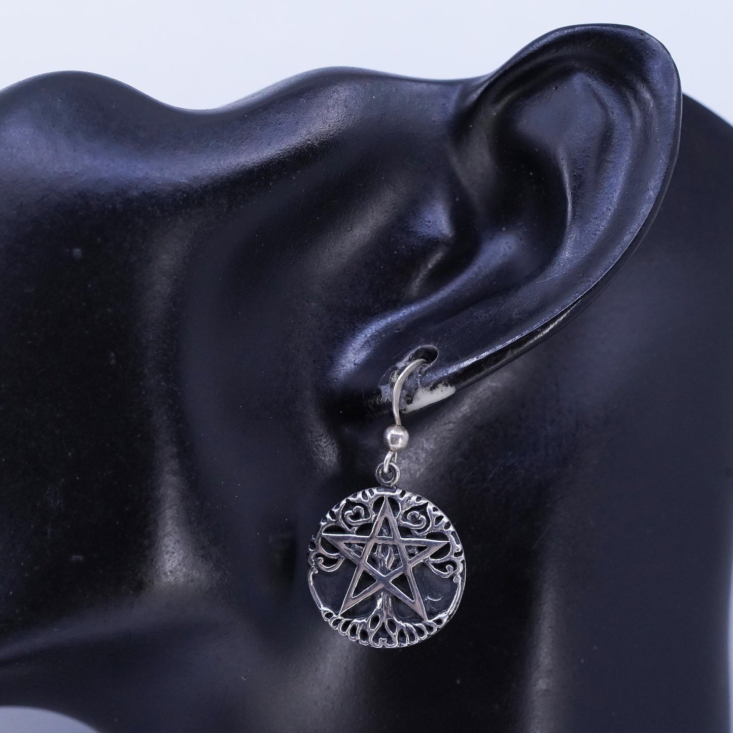 P. Borda 925 Sterling Silver Pentagram Star Earrings, Tree of Life inlay Gothic