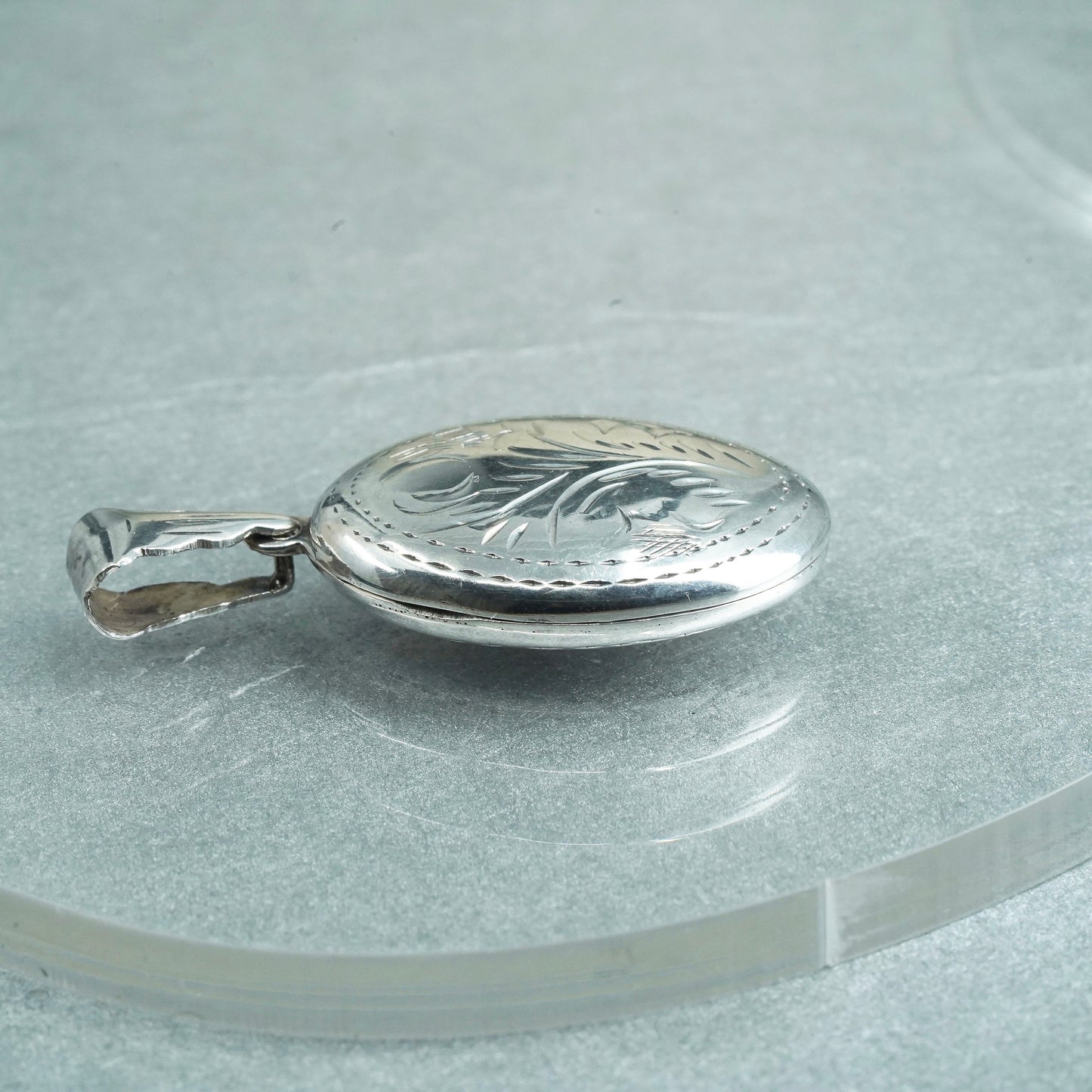 Sterling silver pendant charm, textured 925 oval floral two photos locket