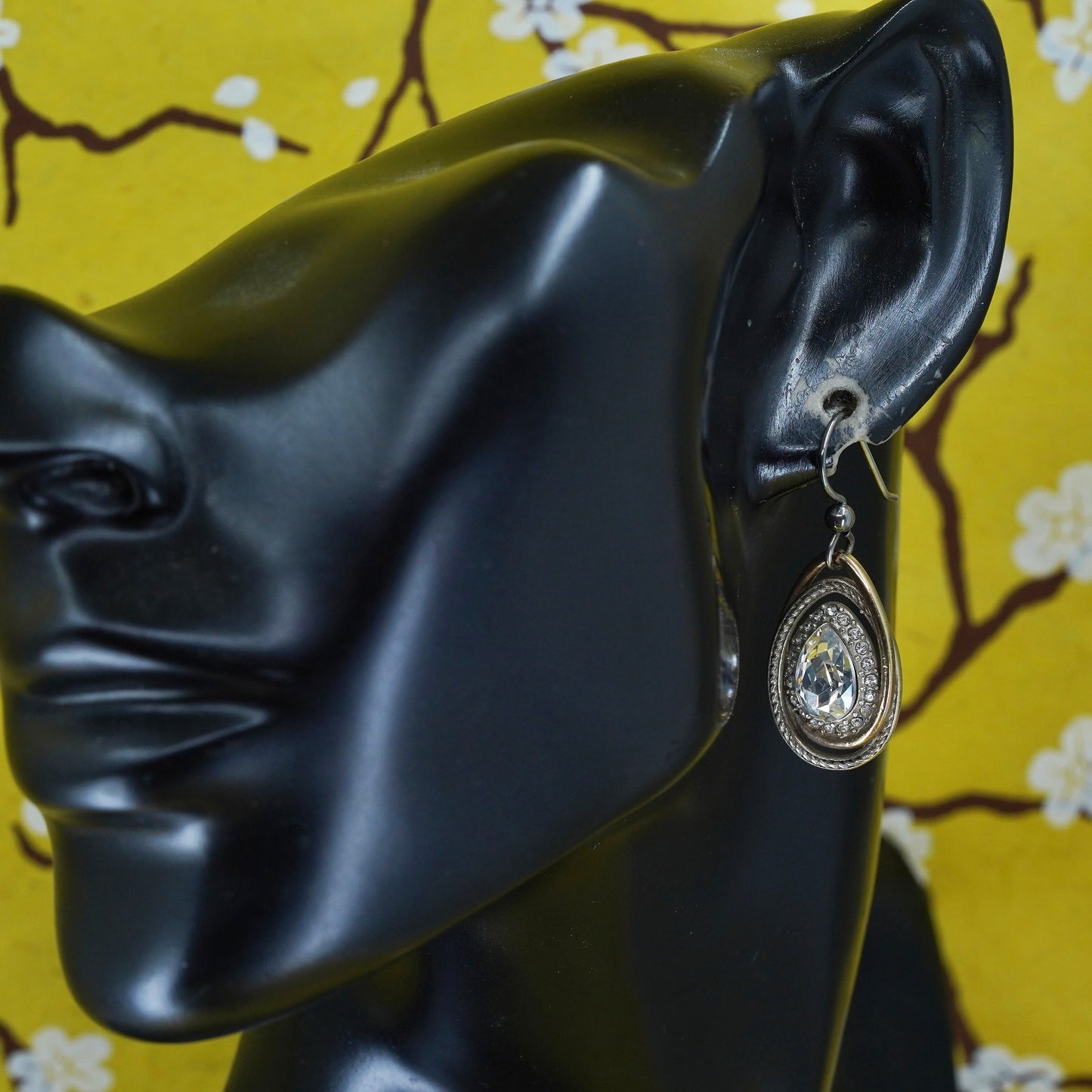 Vintage Sterling silver handmade earrings, 925 silver teardrop with cz inlay