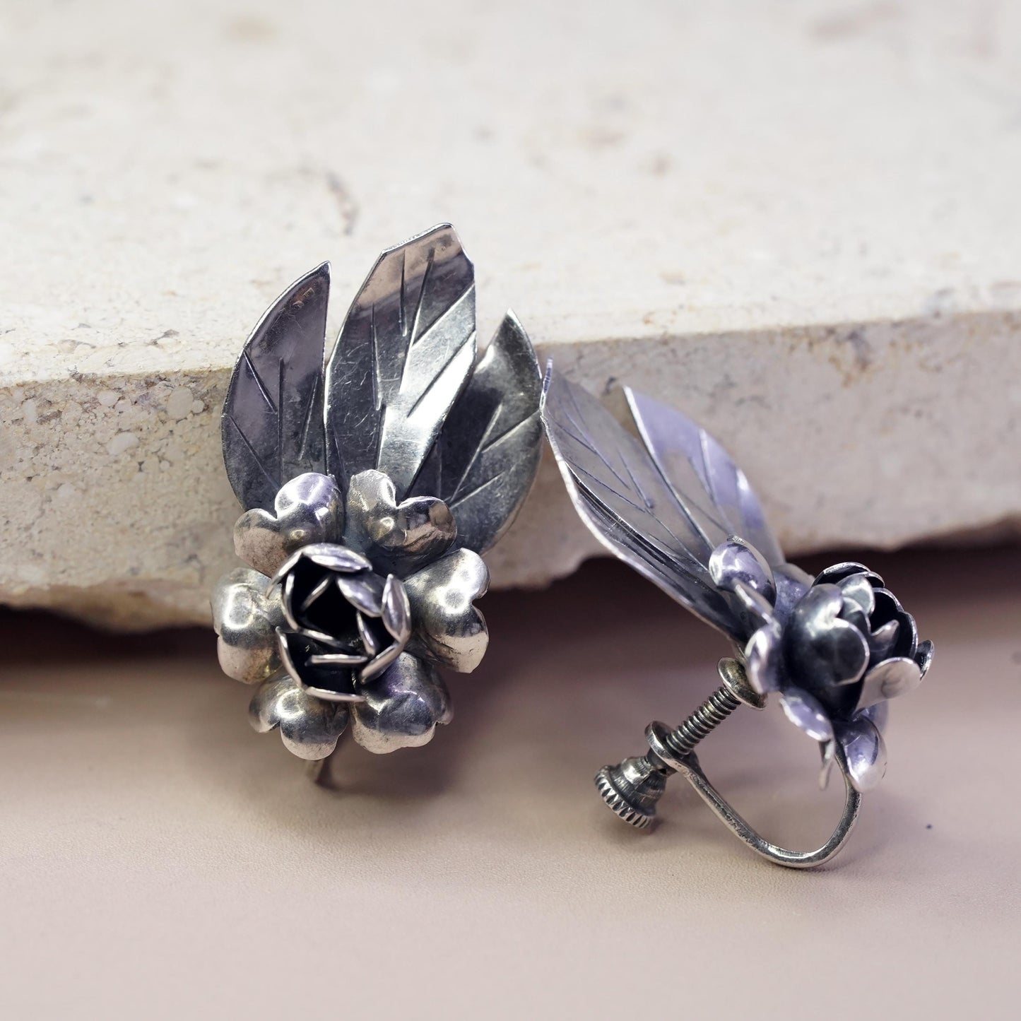 Vintage Sterling silver handmade earrings, 925 screw back flower