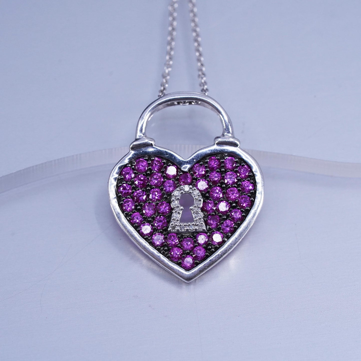 18”, sterling 925 silver necklace, circle chain pink crystal heart lock pendant