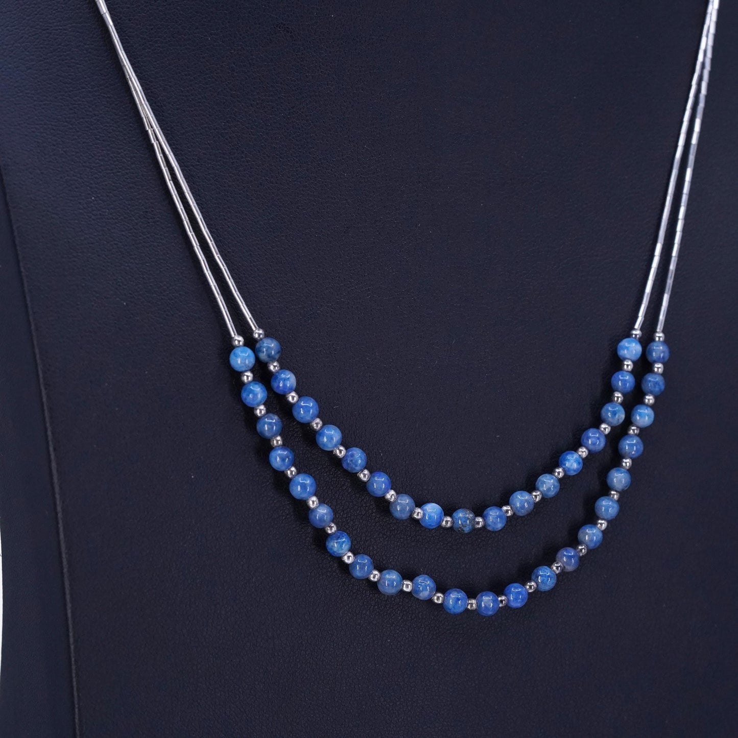 20+4”, Native American Sterling 925 liquid silver double strands necklace lapis