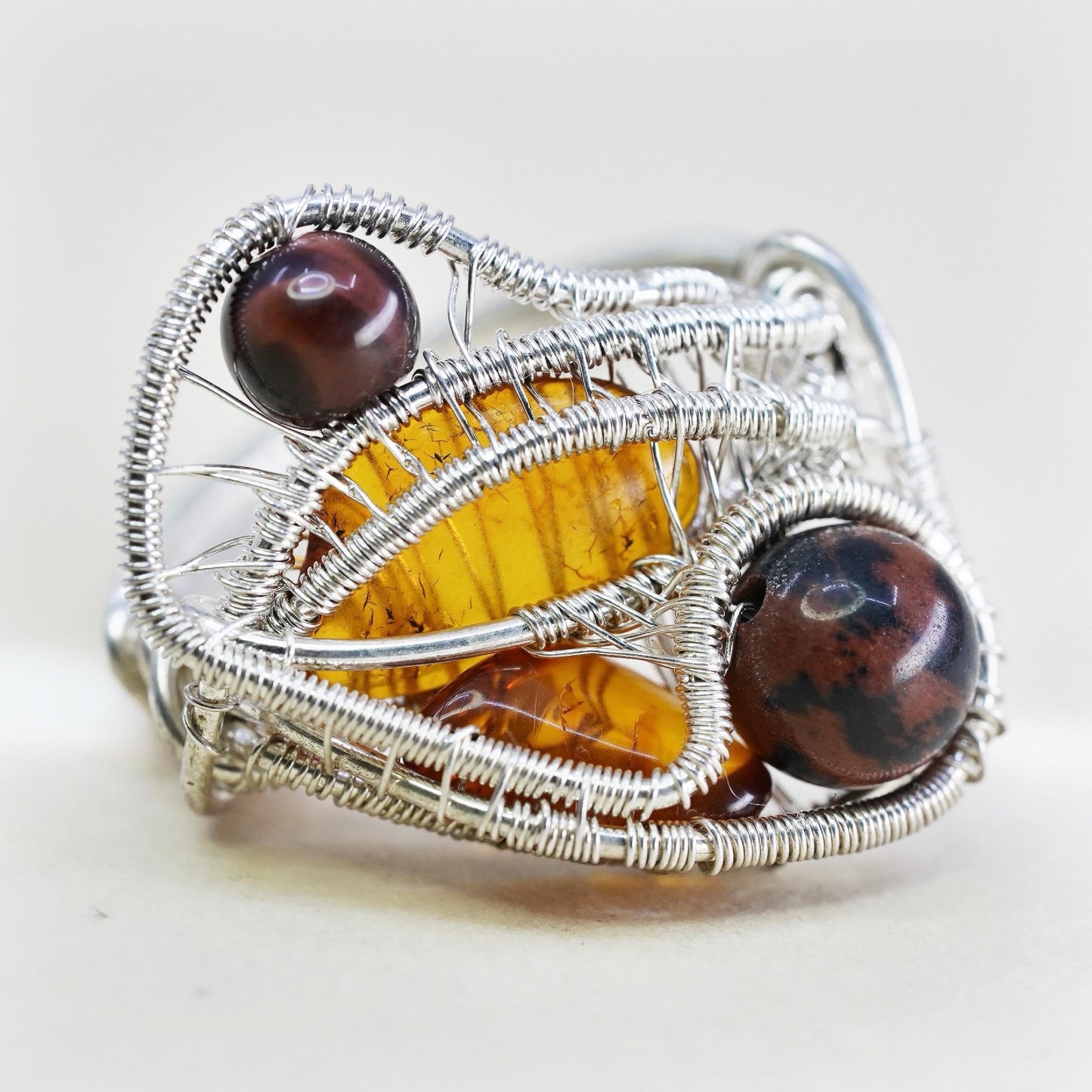 Size 9.5, vintage sterling 925 silver handmade wired ring with amber beads